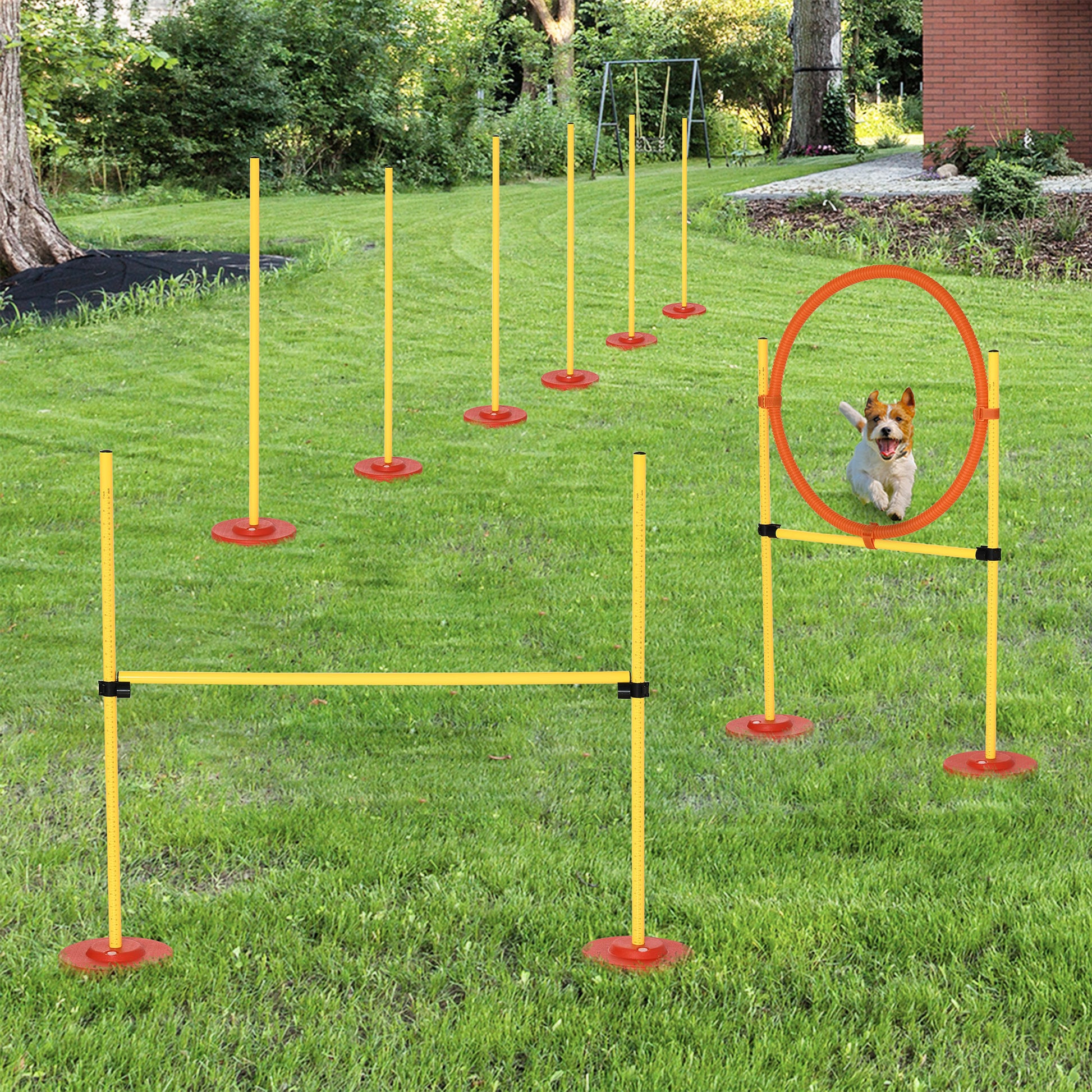 Pawhut 3Pcs Dog Agility Training Equipment, Outdoor Obstacle Course Starter Kit With Hoop, Hurdle, Weave Poles And Carrying Bag Yellow Abs