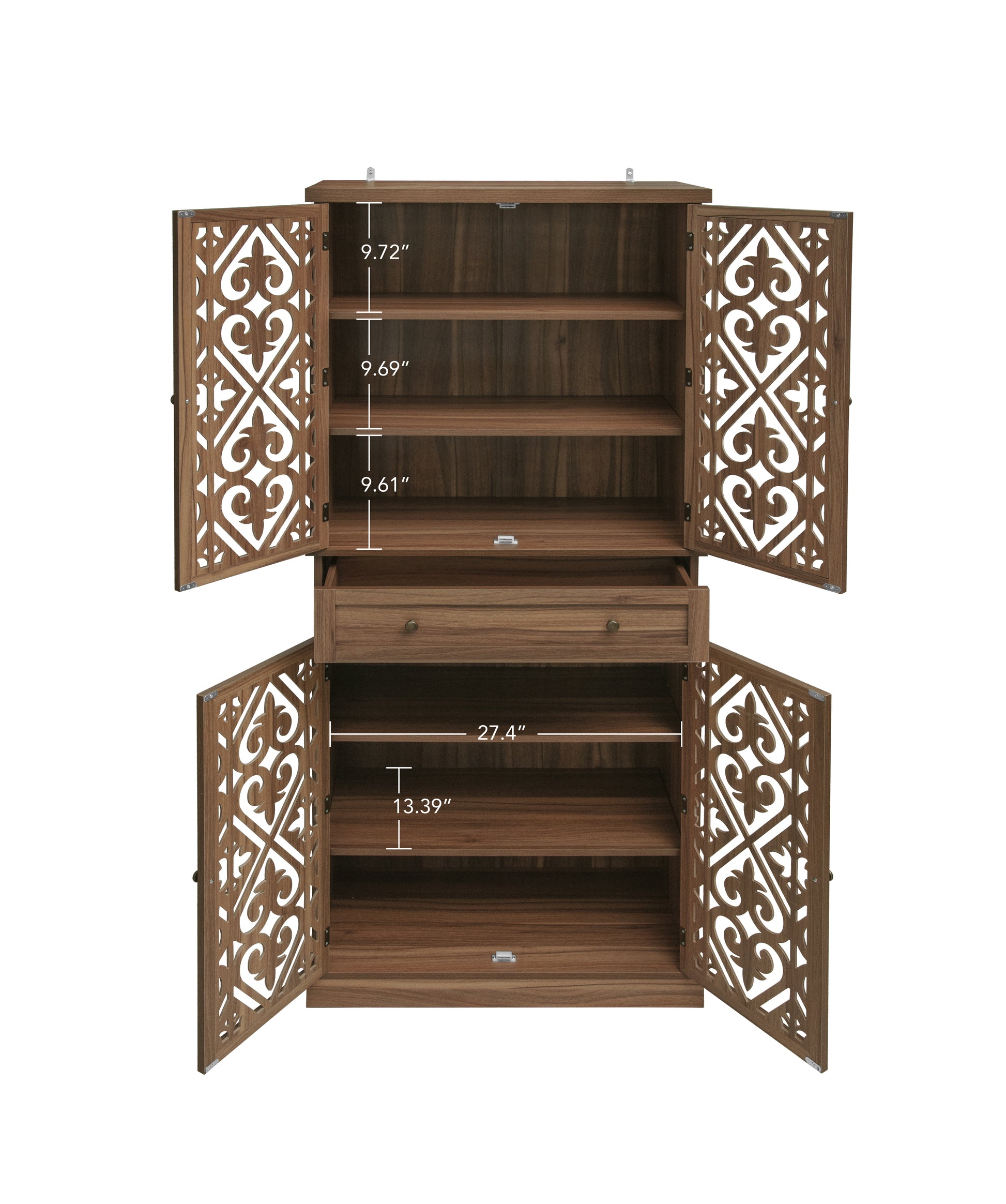 4 Door Cabinet With 1 Drawer, With 4 Adjustable Inner Shelves, Storage Cabinet Walnut Mdf