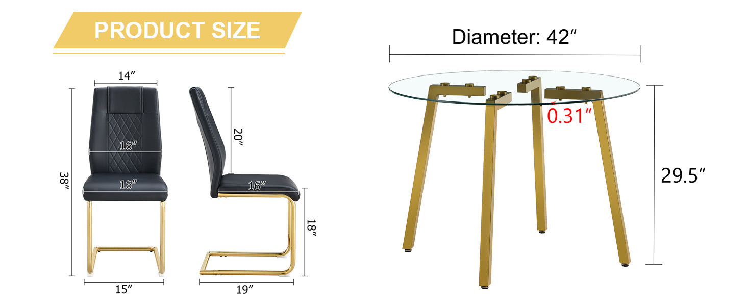 Table And Chair Set.A Modern Minimalist Style Round Clear Tempered Glass Table With Metal Legs.Paried With Black Chairs With Modern Pu Leather High Back Upholstered And C Tube Golden Legs. Transparent Seats 6 Glass