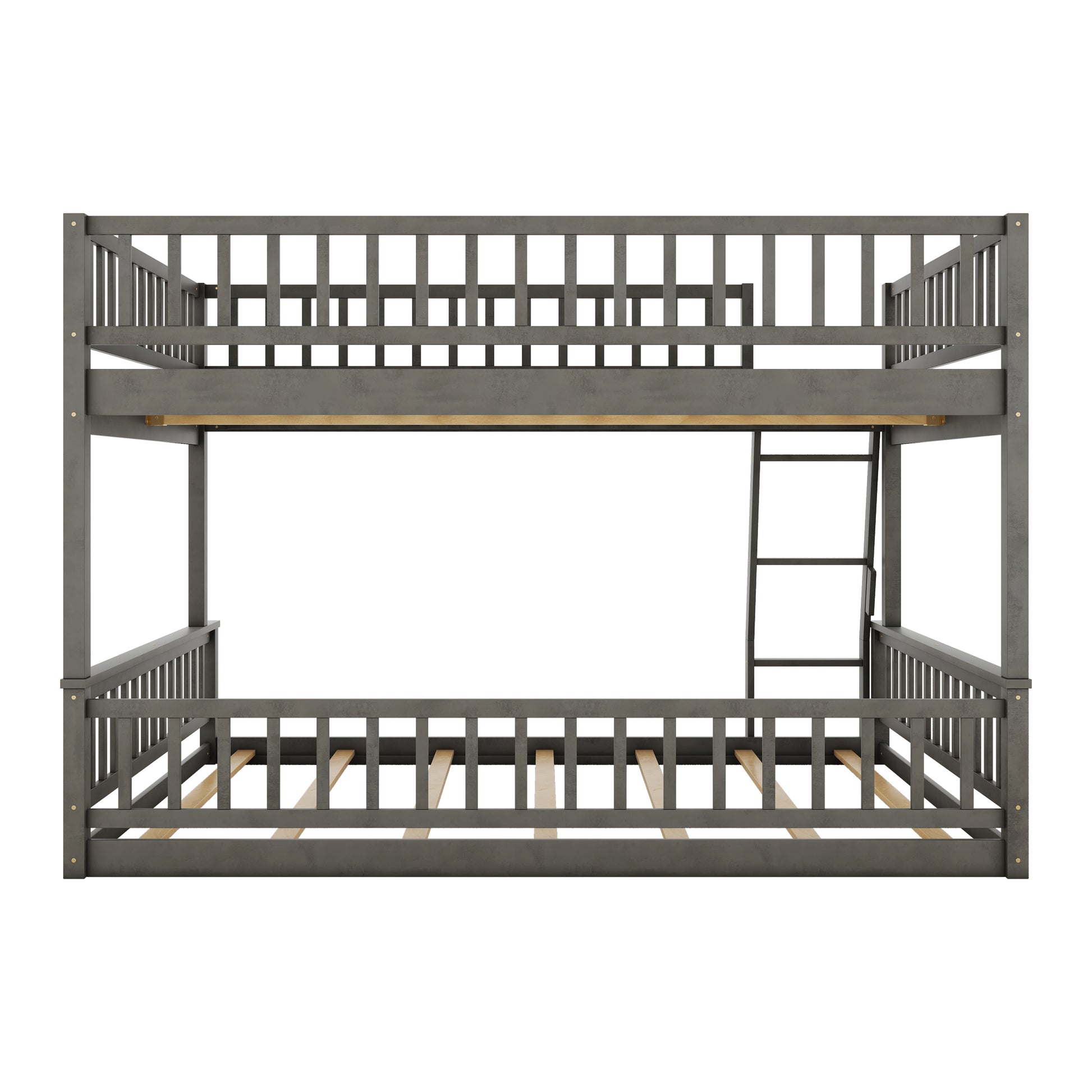 Full Xl Over Queen Bunk Bed With Ladder And Guardrails, Gray Box Spring Not Required Queen Gray Wood Bunk Solid Wood Mdf