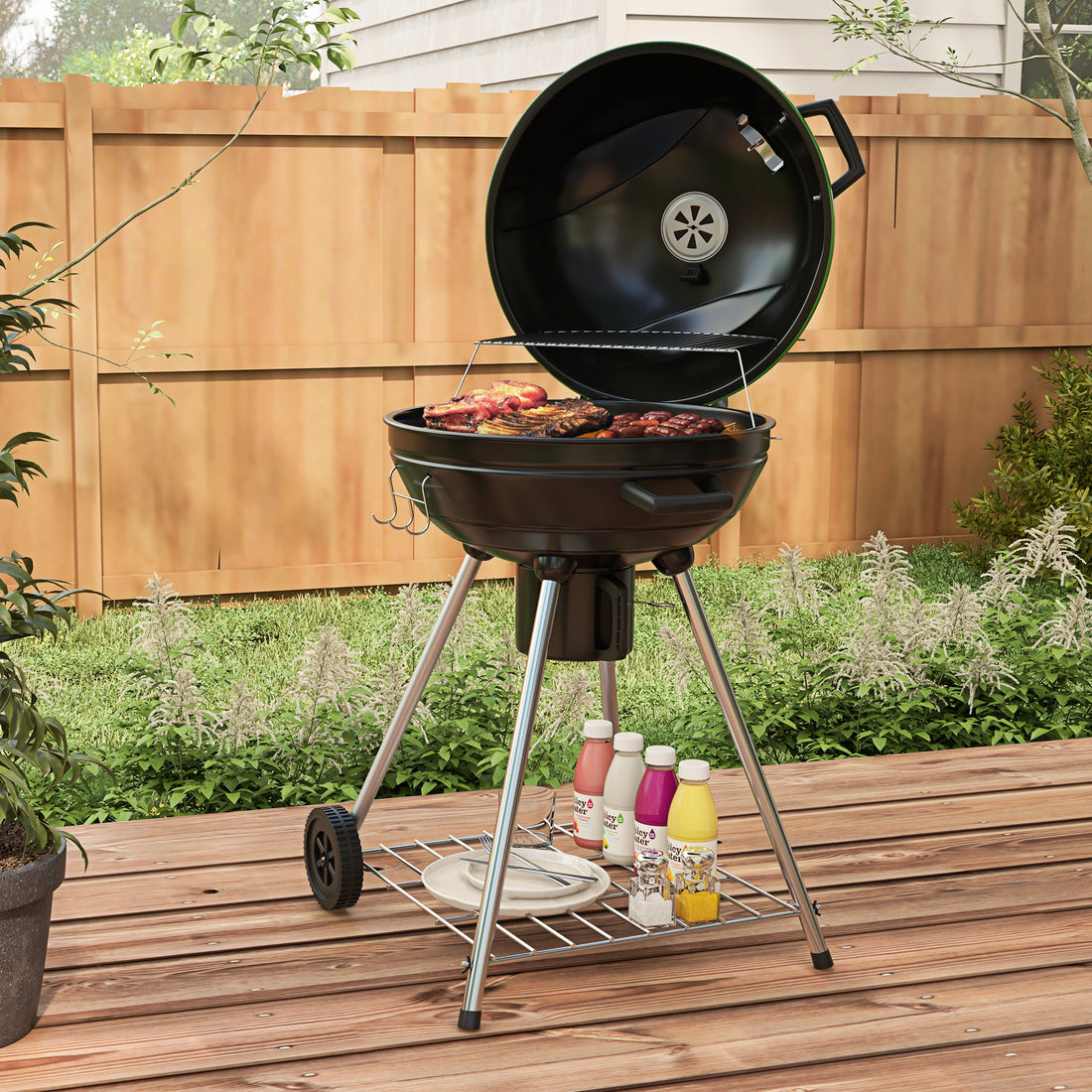 Outsunny 21" Kettle Charcoal Bbq Grill Trolley With 360 Sq.In. Cooking Area, Outdoor Barbecue With Shelf, Wheels, Ash Catcher And Built In Thermometer For Patio, Backyard Party, Green Green Steel