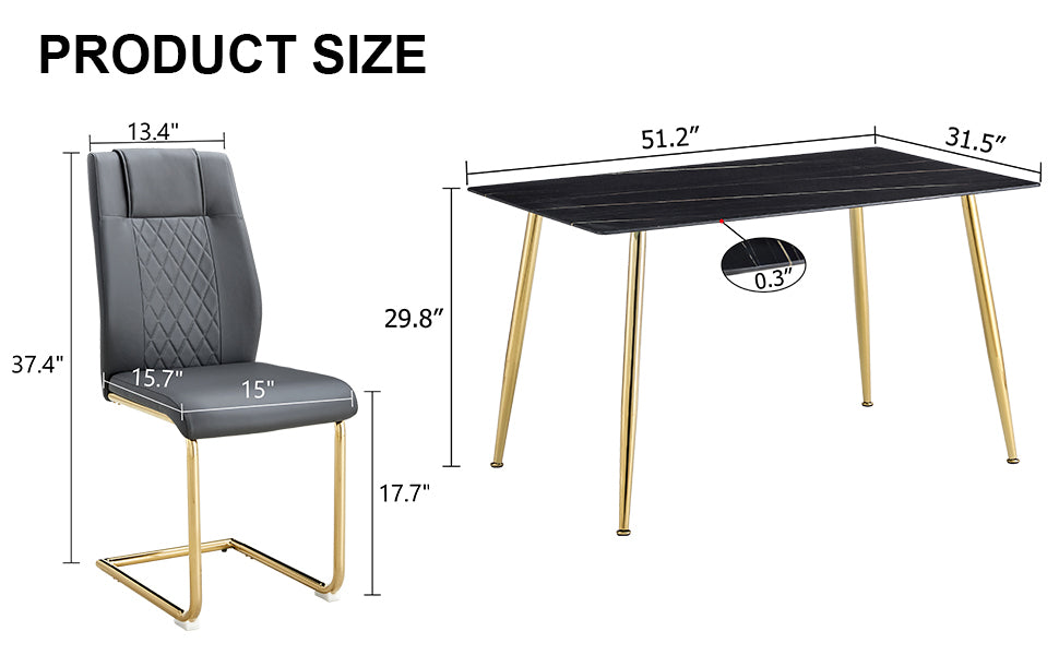 Table And Chair Set. 1 Table With 4 Gray Pu Chairs. Modern Minimalist Rectangular Black Imitation Marble Dining Table, With Golden Metal Legs. Paired With 4 Chairs With Golden Legs.Dt 1544 C001 Black Gold Glass Metal