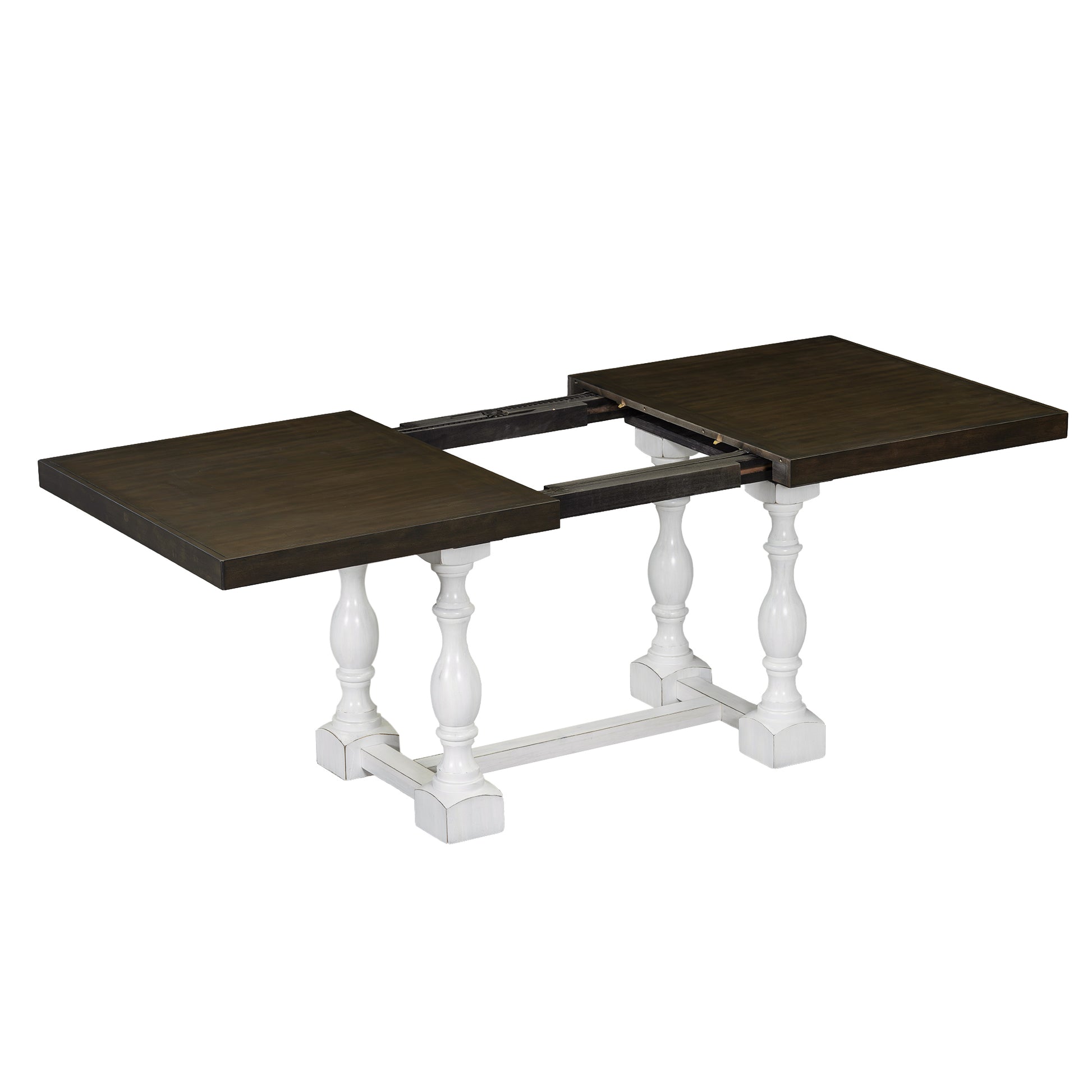 Traditional 6 Piece 78Inch Trestle Extendable Dining Table Set With One 18Inch Removable Leaf, Padded Dining Chairs And Bench,Distressed White Brown Wood Dining Room Solid Wood Rubberwood Rectangular Dining Table With Chair And Bench Upholstered Chair