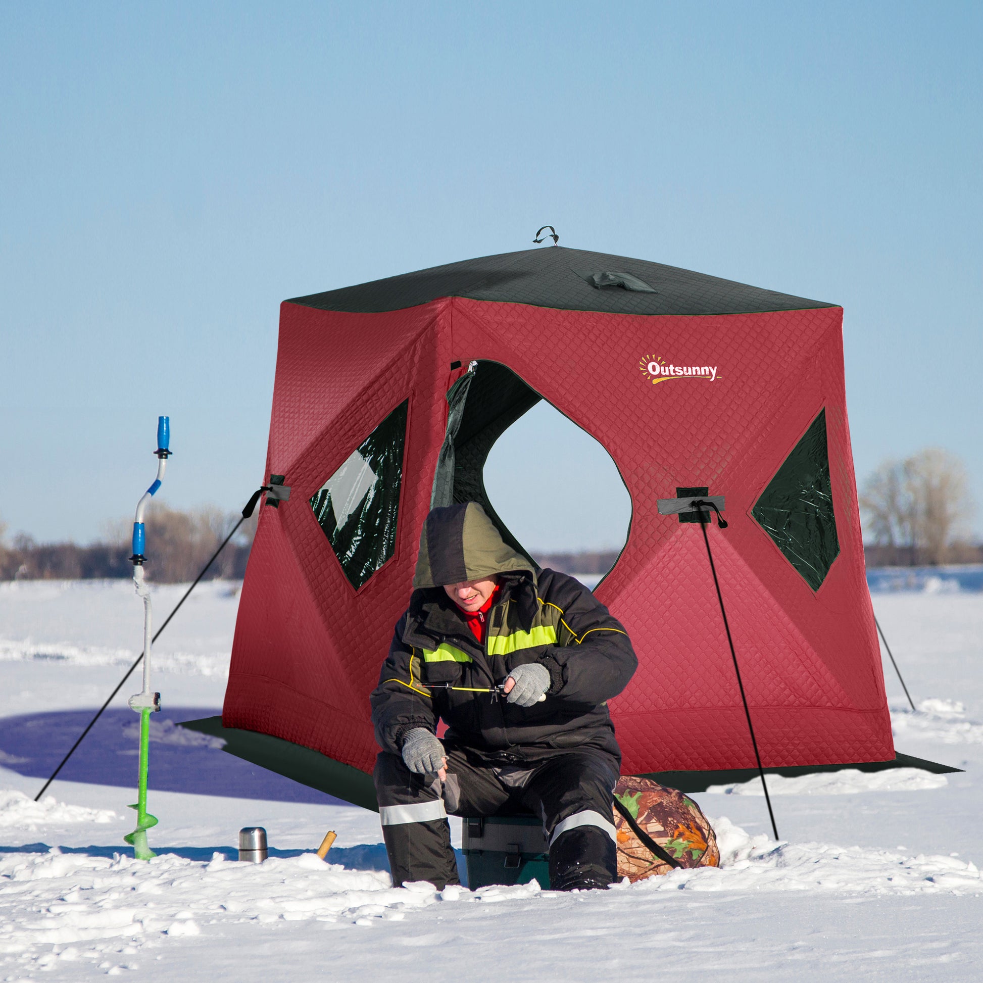 Outsunny 2 Person Insulated Ice Fishing Shelter Pop Up Portable Ice Fishing Tent With Carry Bag And Anchors For Lowest Temps 22 , Red Red Fabric
