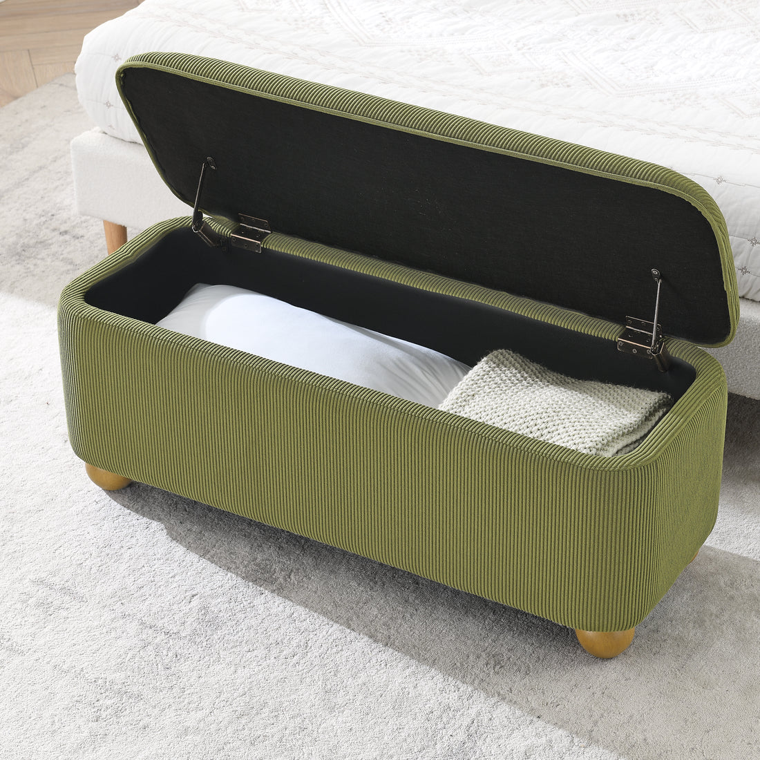 Flannelette Fabric Storage Ottoman Bench, Cushioned Bed End Ottoman Bench With Storage And Seat, Suitable For Bedrooms, Living Rooms, And Entrance Passages Green 41.73"*15.55"*17.71" Green Foam