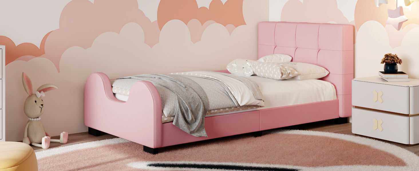 Twin Size Upholstered Platform Bed With Guardrail, Pink Box Spring Not Required Twin Pink Wood Faux Leather Upholstered