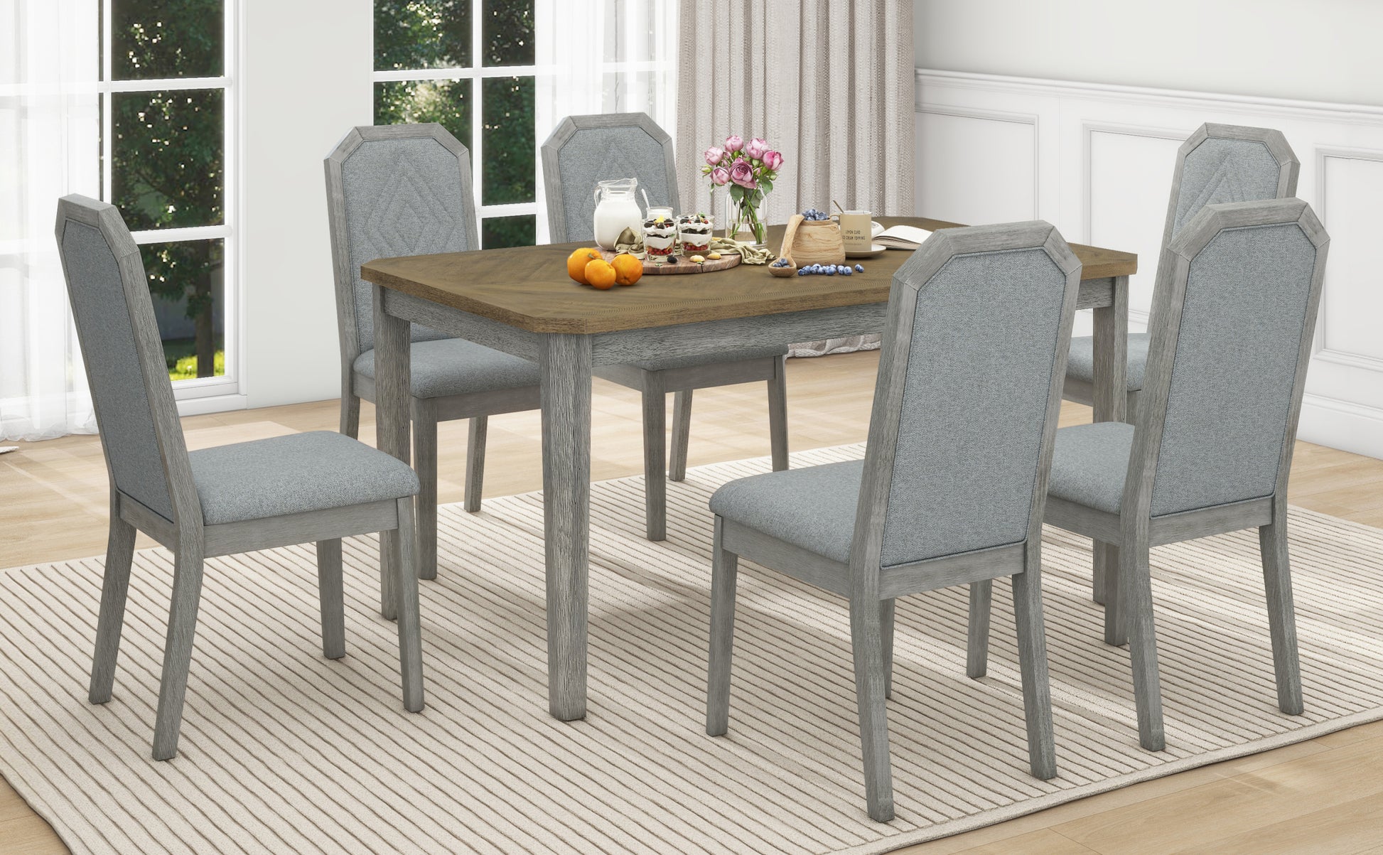 7 Piece Farmhouse Dining Set Classic Rustic Table And 6 High Back Design Chairs For Dining Room, Kitchen Brown Gray Brown Gray Solid Wood Mdf