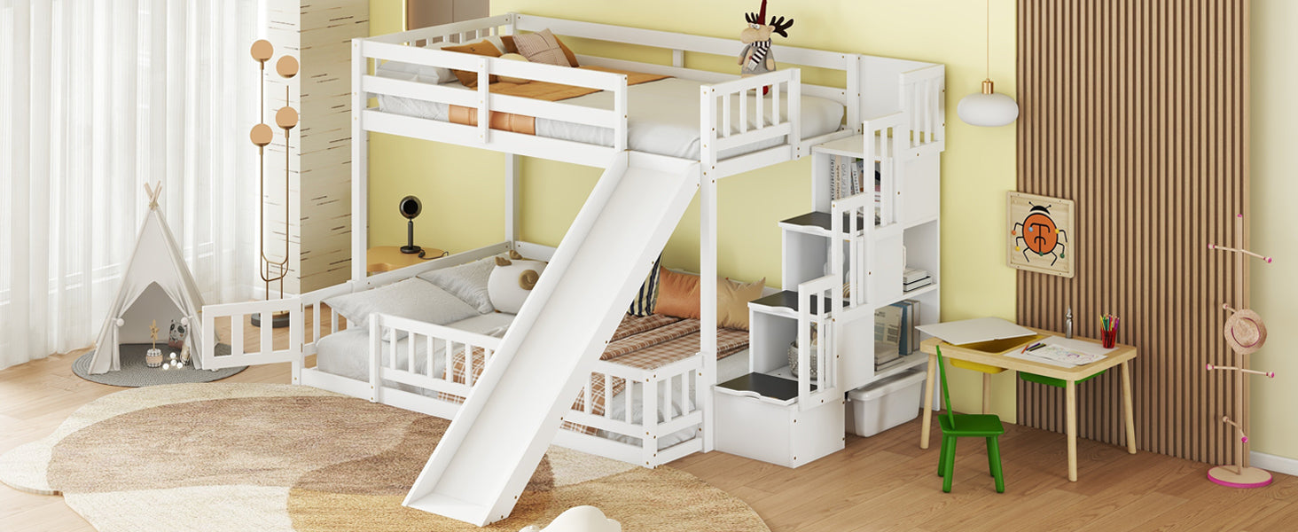 Twin Over Full Bunk Bed With Slide, Storage Staircase, Pine Solid Wooden Bunk Bed With Safety Guardrails,White White Pine