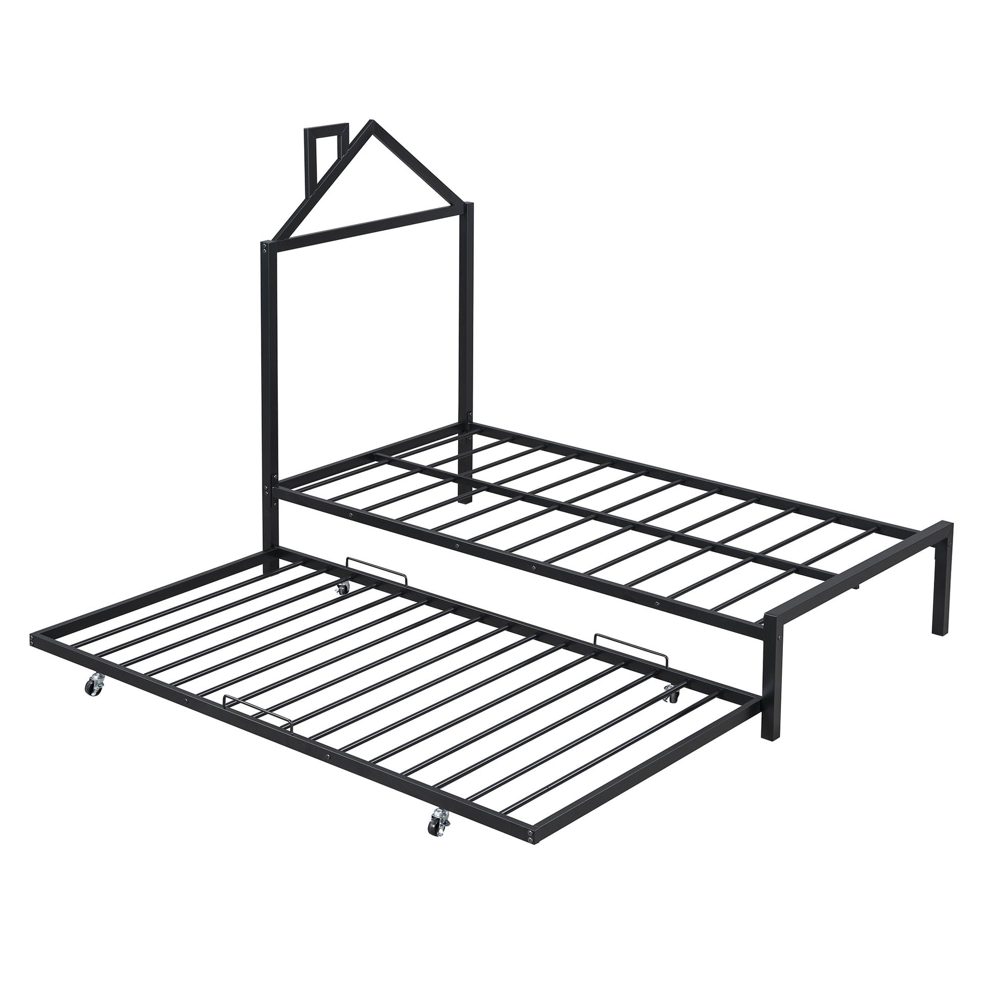 Twin Size Metal Platform Bed With Twin Size Trundle,House Shaped Headboard Design, Black Twin Black Metal