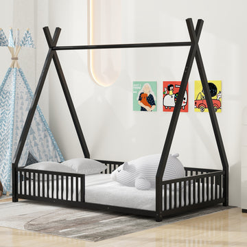 Metal Twin Size House Platform Bed With Triangle Structure And Guardrail, Black Expected Arrival Time: 9.7 Box Spring Not Required Twin Black Metal Metal