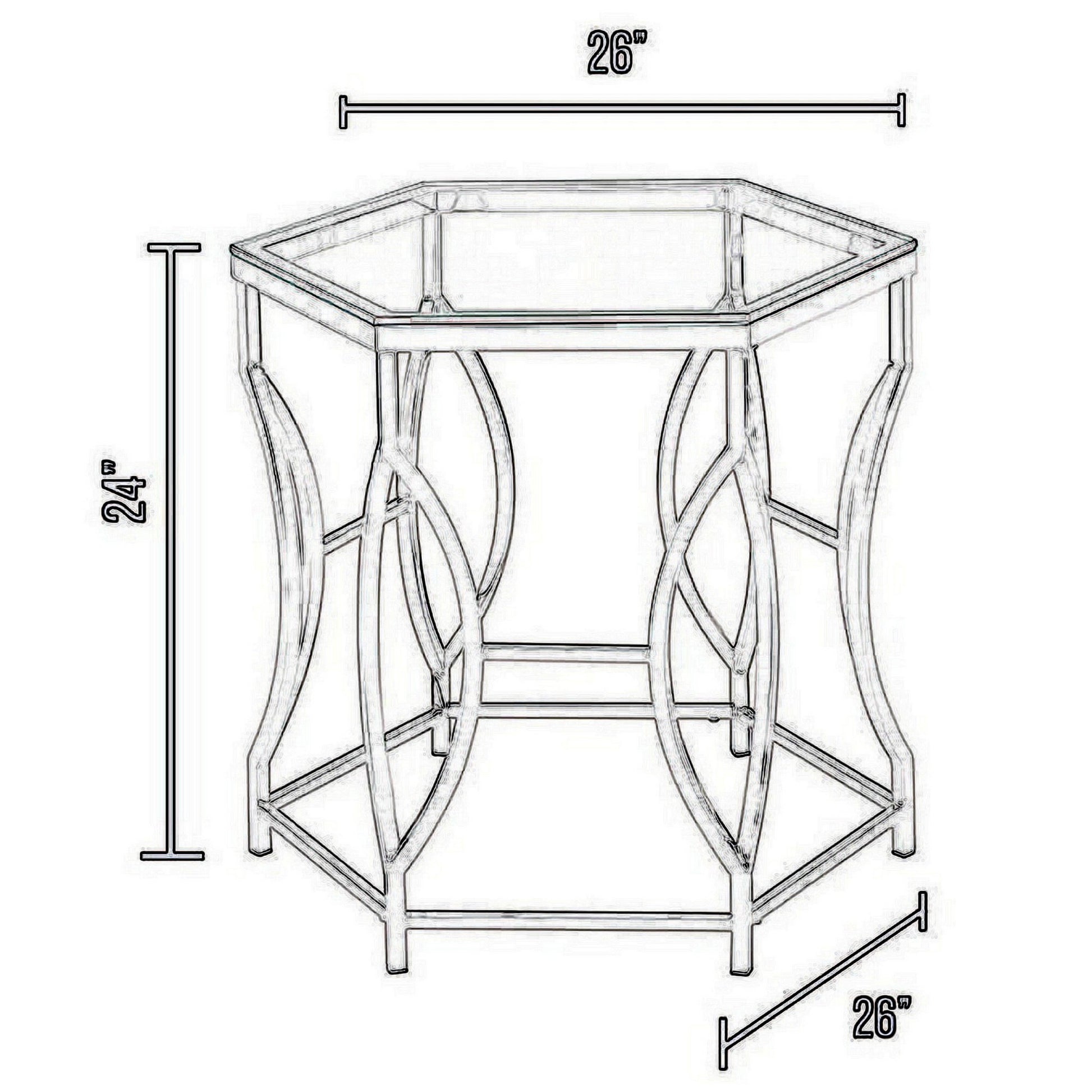 Slade 26 Inch Side End Table, Hexagonal Glass Top, Geometric Base, Chrome Chrome Glass Metal