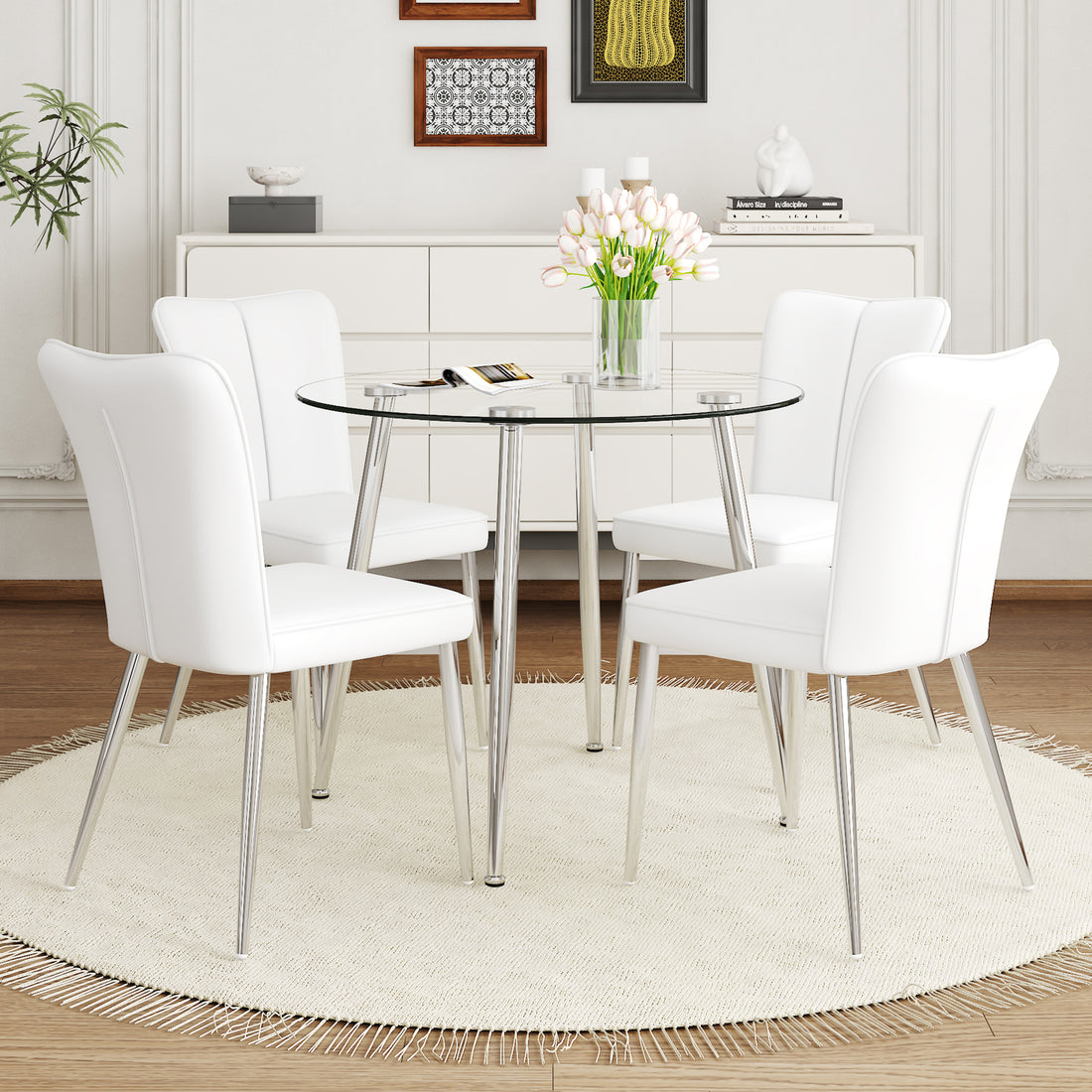 Table And Chair Set.A Modern Minimalist Round Dining Table With Transparent Tempered Glass Top And Silver Metal Legs,Paried With 4 Chairs With Pu Backrest And Seat Cushion And Silver Metal Legs. White Seats 4 Glass Metal