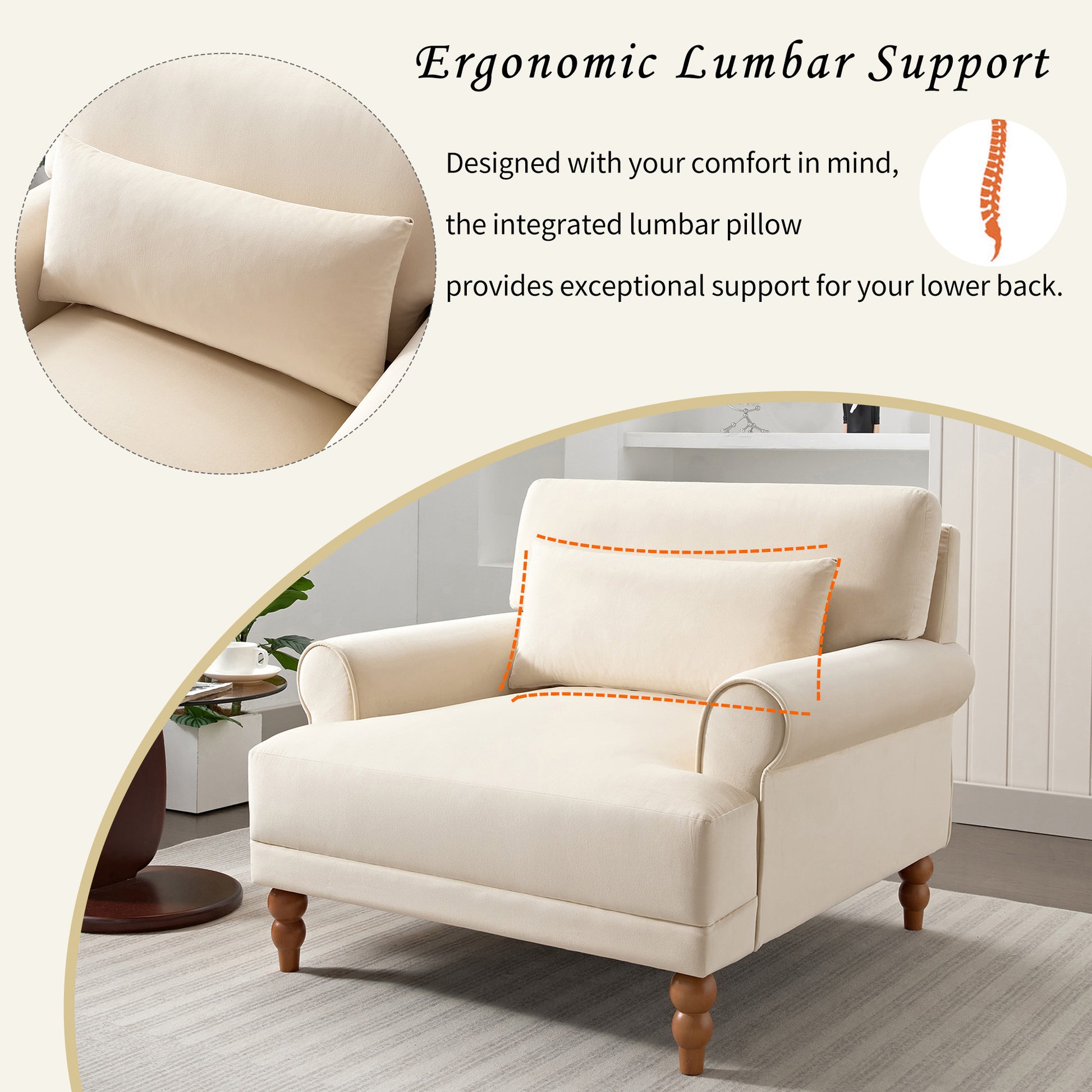 Mirod Elegant Circular Armrests, Ergonomic Lumbar Support, Vintage Roman Column Legs, Luxurious Large Size, Enhances Living Room Aesthetics, For Living Room,Bedroom And Study Beige Velvet