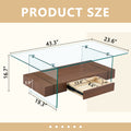 43.3 Inch Modern Two Tier Coffee Table Clear Tempered Glass And Dark Wood Grain, Multifunctional Storage Design.The Bottom Tier Includes A Drawer.Can Be Used As A Coffee Table,Side Table,Etc.