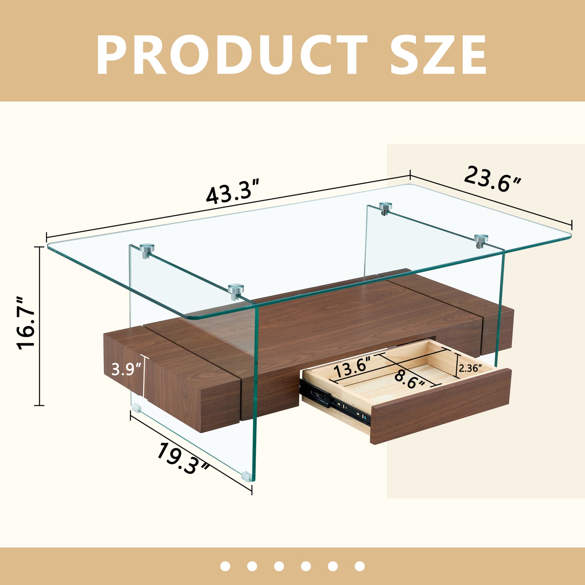 43.3 Inch Modern Two Tier Coffee Table Clear Tempered Glass And Dark Wood Grain, Multifunctional Storage Design.The Bottom Tier Includes A Drawer.Can Be Used As A Coffee Table,Side Table,Etc.