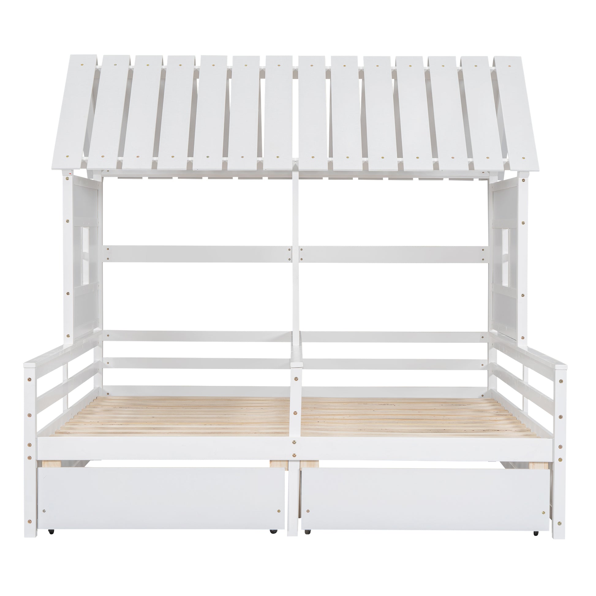 Twin Size House Platform Beds With Two Drawers For Boy And Girl Shared Beds, Combination Of 2 Side By Side Twin Size Beds,White Twin White Solid Wood Mdf