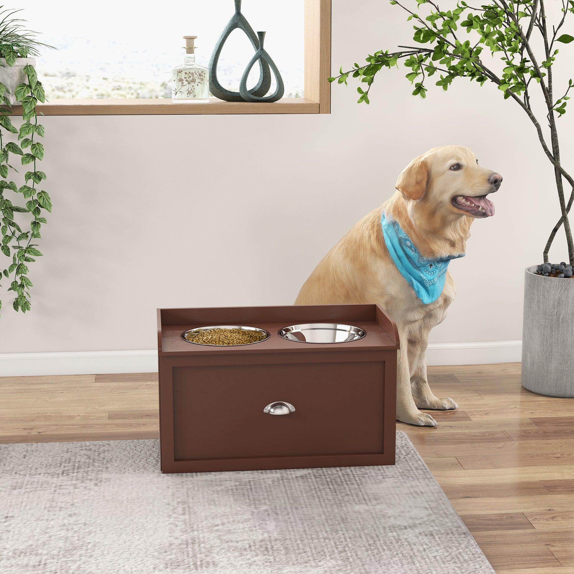 Pawhut Dog Feeding Station With Storage Drawer, Dog Food Storage Cabinet With 2 Removable Elevated Dog Bowls For Large Sized Dogs, Brown Brown Stainless Steel