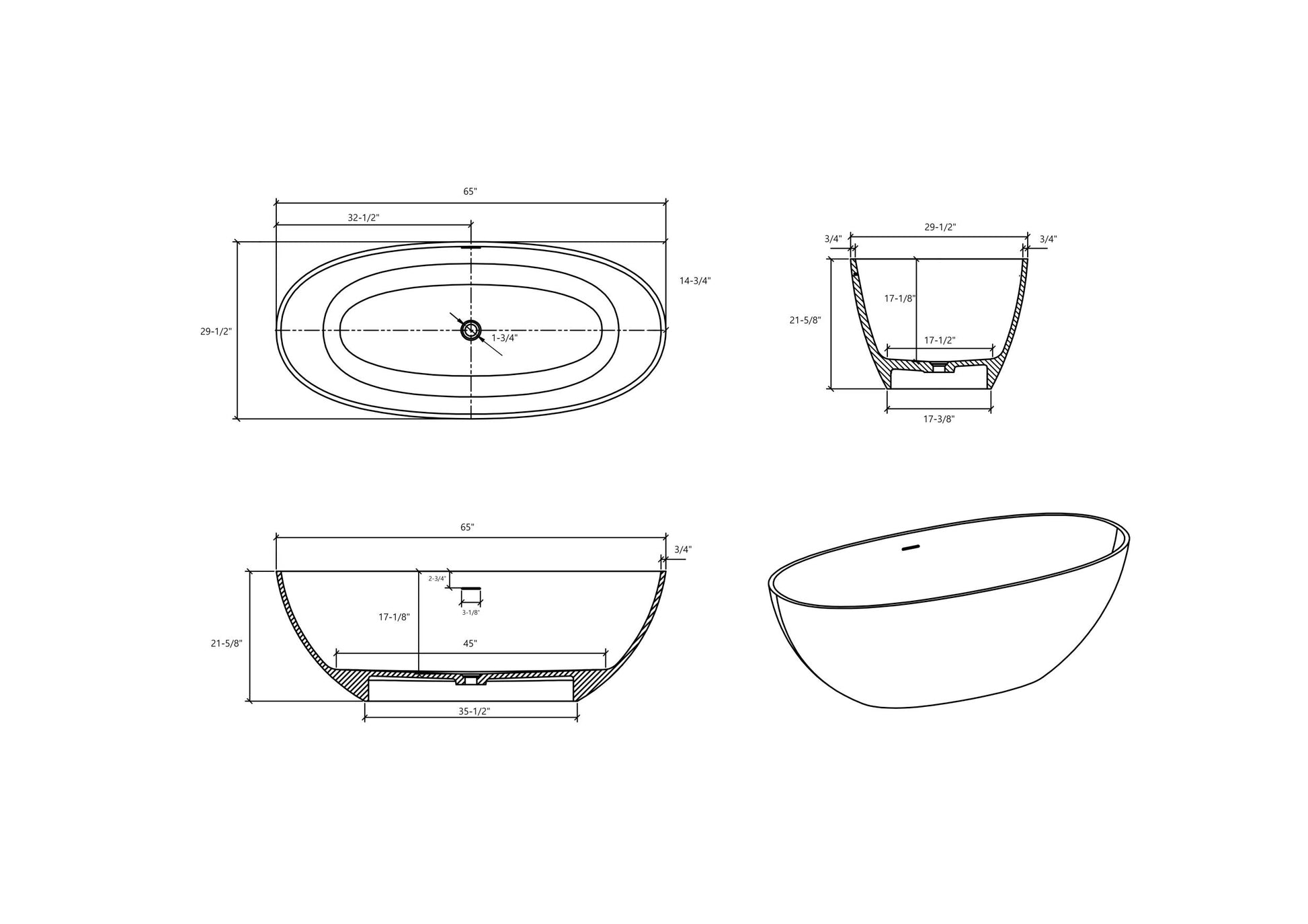 65" Freestanding Solid Surface Bathtub, Luxury Handcrafted Stone Resin Freestanding Soaking Bathtub With Overflow And Pop Up Drain, Matte White 24S06 65Mw White Bathroom Freestanding Tubs Soaking Solid Surface