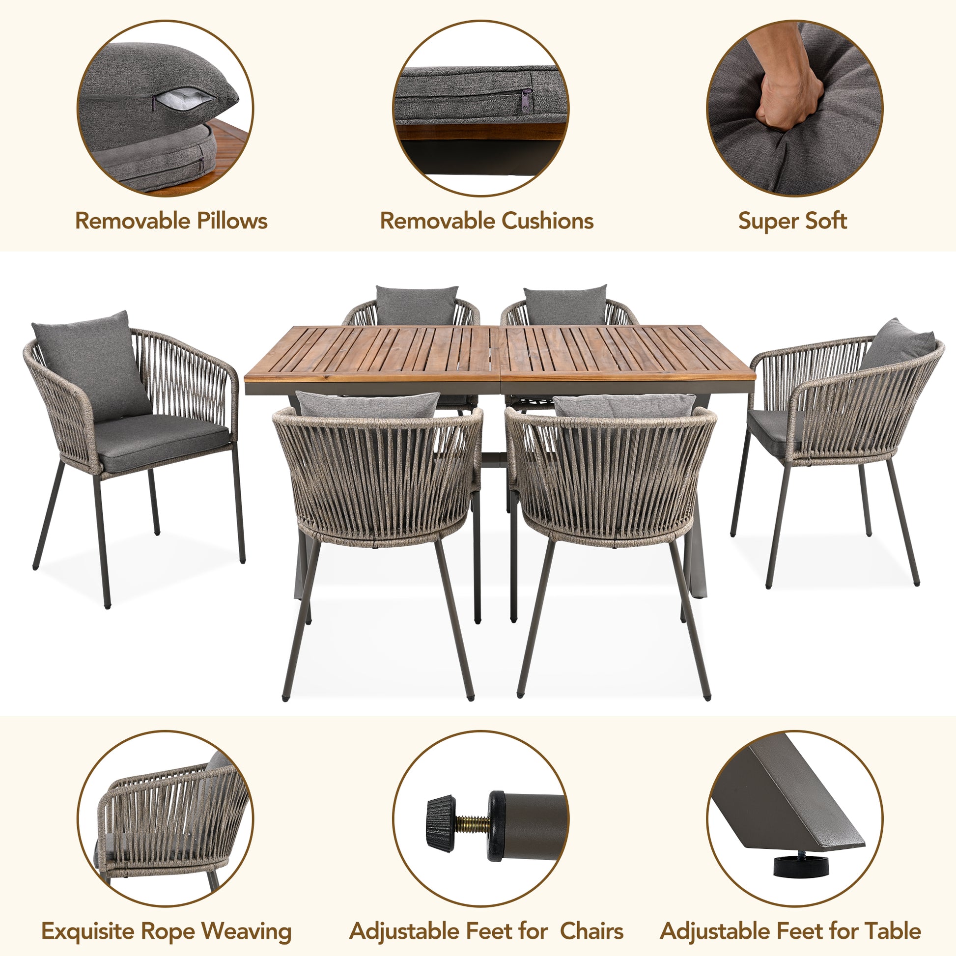 7 Pieces Patio Dining Set, All Weather Outdoor Furniture Set With Dining Table And Chairs, Acacia Wood Tabletop, Metal Frame, For For Garden, Backyard, Balcony, Grey Yes Grey Seats 6 Garden &