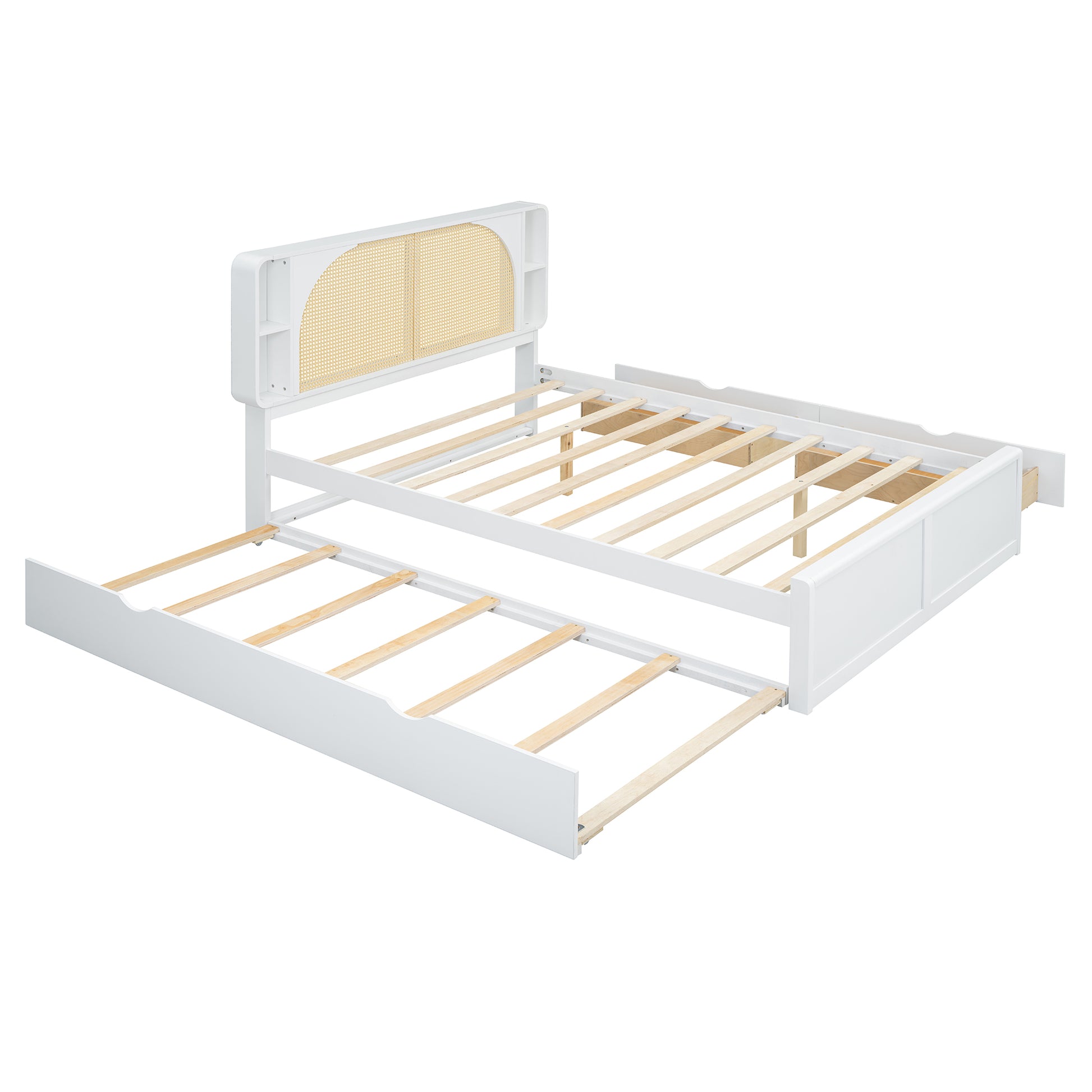 Queen Size Rattan Headboard Bed With Two Drawers And Trundle, White Queen White Solid Wood Mdf