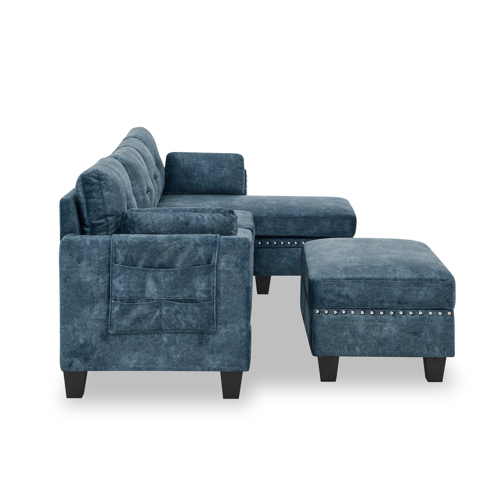 Sectional 3 Seaters Sofa ,Double Sided Multi Functional Footstool, Storage Matnon Slip Leg, Two Pillows, Velvet,Navy Blue Navy Blue Velvet 3 Seat