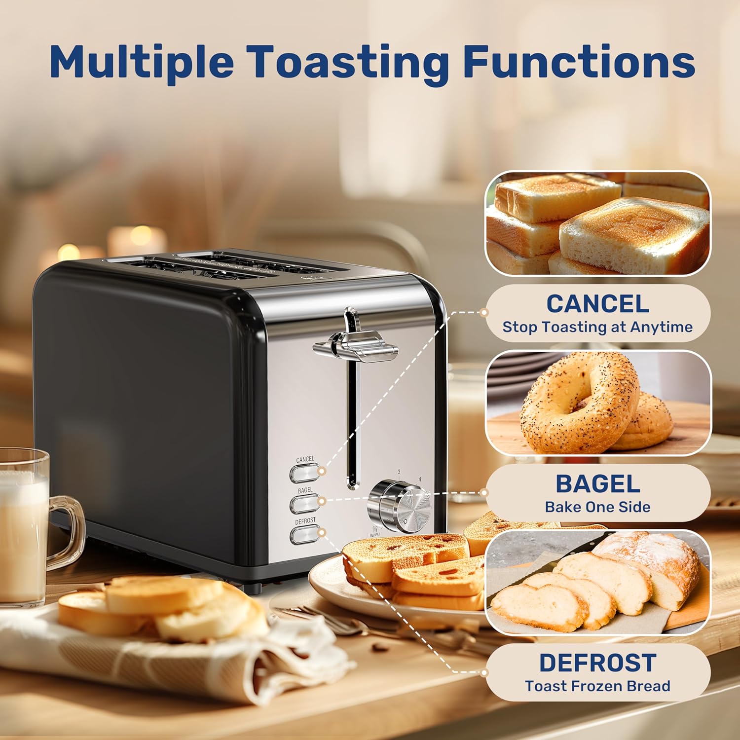 2 Slice Toaster With 6 Browning Setting And 3 Function, Extra Wide Slot & Removable Crumb Tray, Retro Stainless Steel Style, For Bread & Waffle Black Stainless Steel