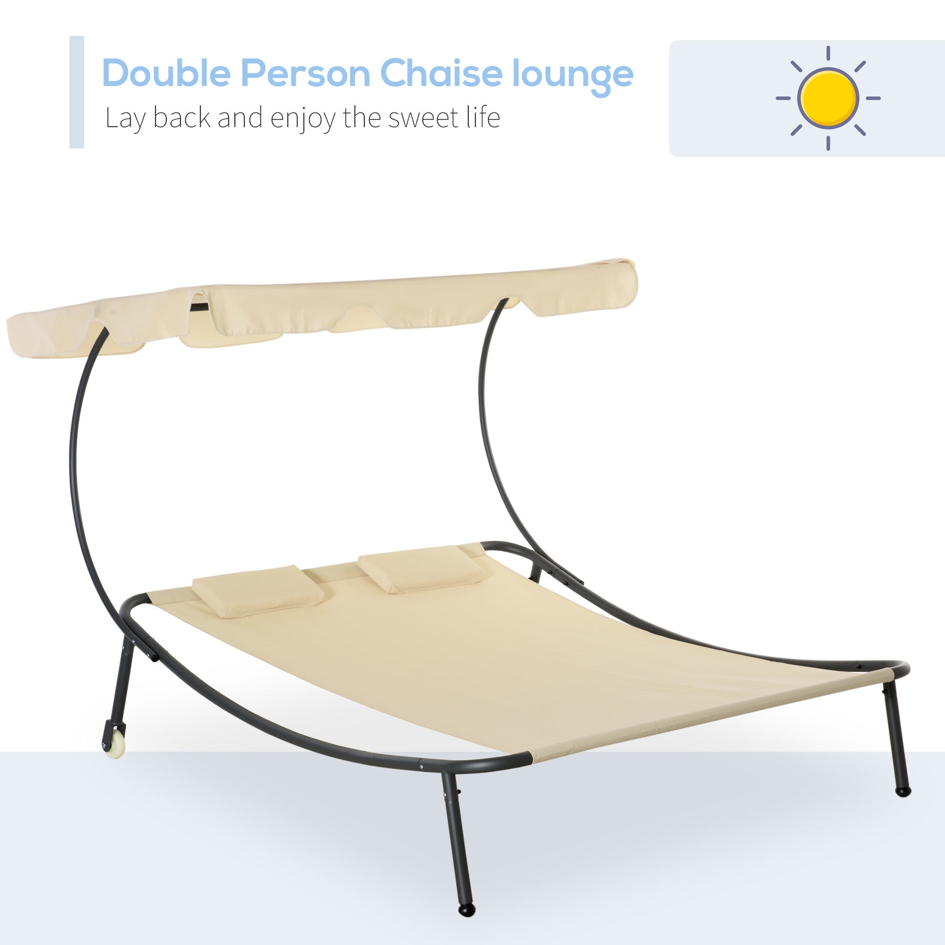 Outsunny Patio Double Chaise Lounge Chair, Outdoor Wheeled Hammock Daybed With Adjustable Canopy And Pillow For Sun Room, Garden, Or Poolside, Beige Beige Steel