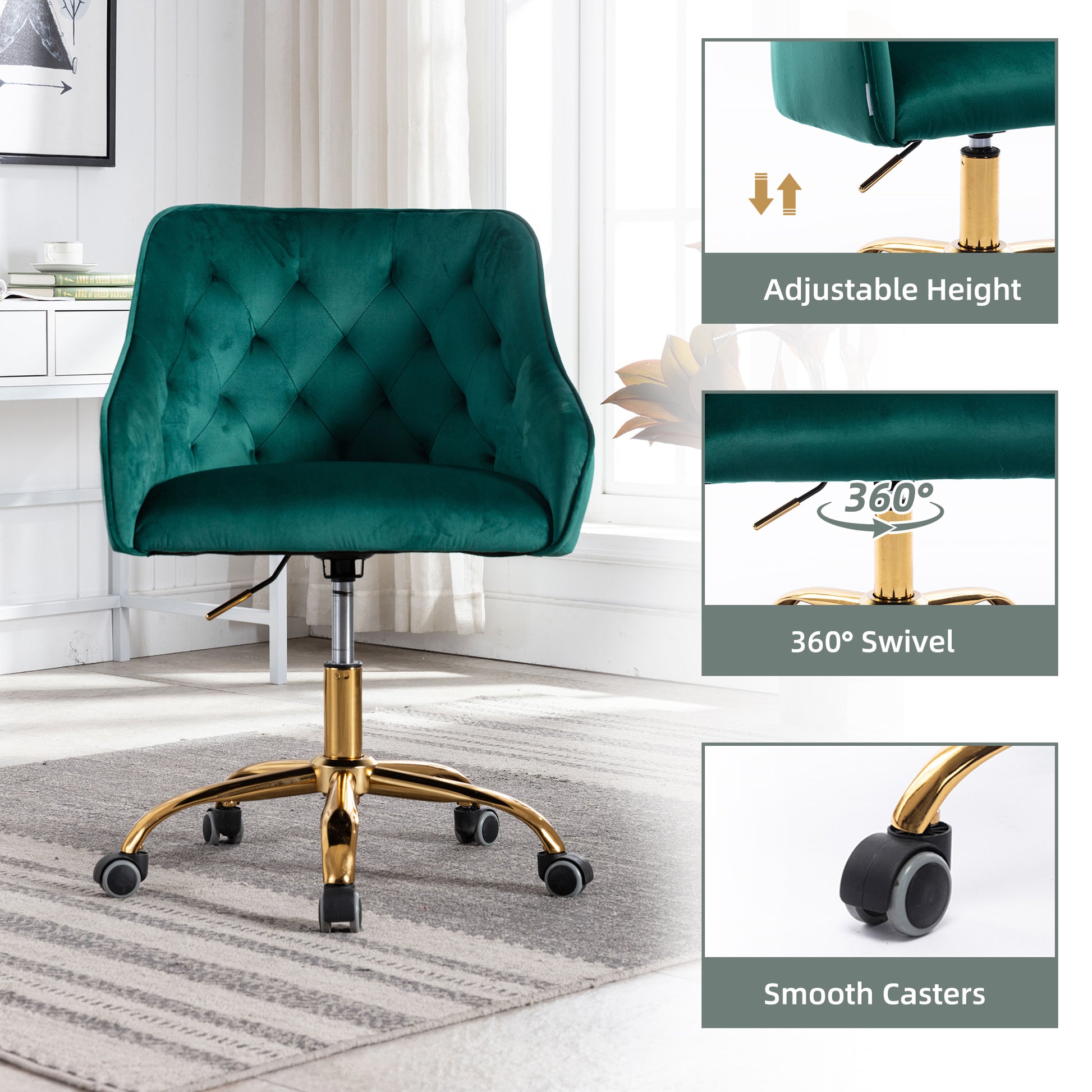 Coolmore Velvet Home Office Desk Chair, Modern Cute Computer Chair, Wheels Swivel Height Adjustable Swivel Task Chair For Home Office Green Velvet Green Foam Metal