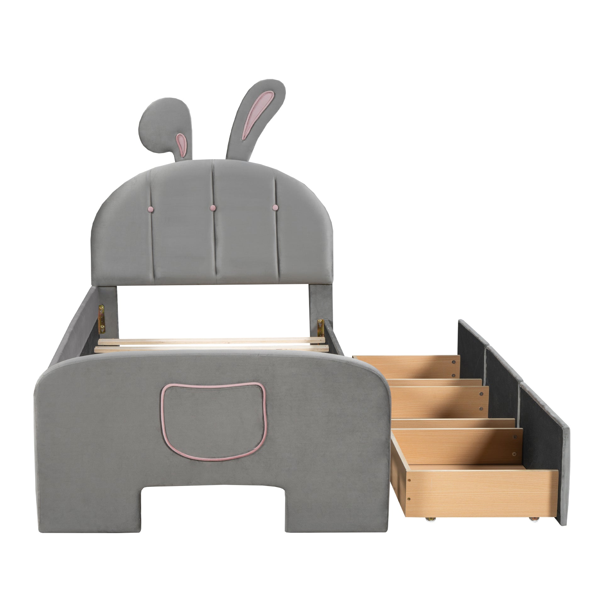 Twin Size Velvet Platform Bed With Rabbit Shaped Headboard, With Drawers, With Bed End Storage Pocket, Gray Twin Gray Plywood