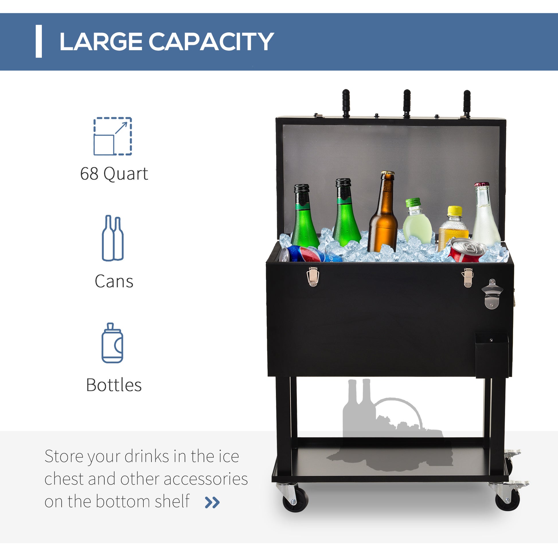 Outsunny 68Qt Patio Cooler Ice Chest With Foosball Table Top, Portable Poolside Party Bar Cold Drink Rolling Cart On Wheels With Tray Shelf Black Steel