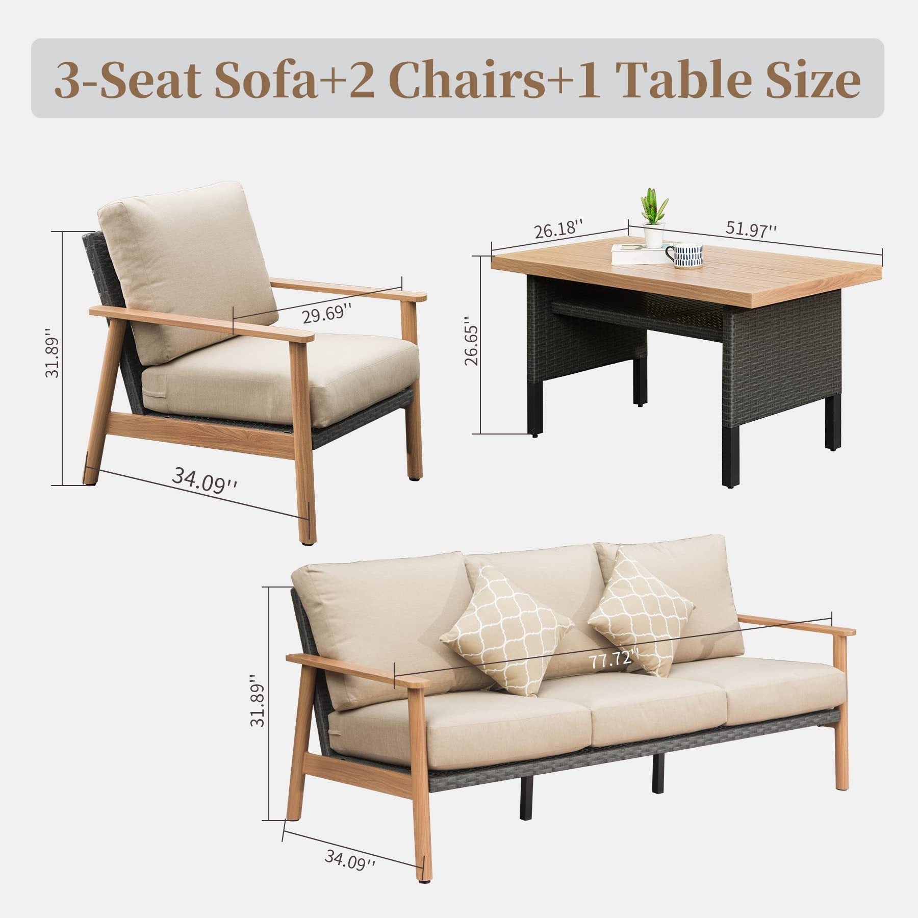 Outdoor Wicker Patio Furniture Sets 4 Pieces, All Weather Aluminum Rattan Padded Sofa Patio Conversation Sets With 2 Pillows For Porch Deck Garden Khaki Yes Khaki Garden & Outdoor Multiple Chairs Seating Group Aluminum