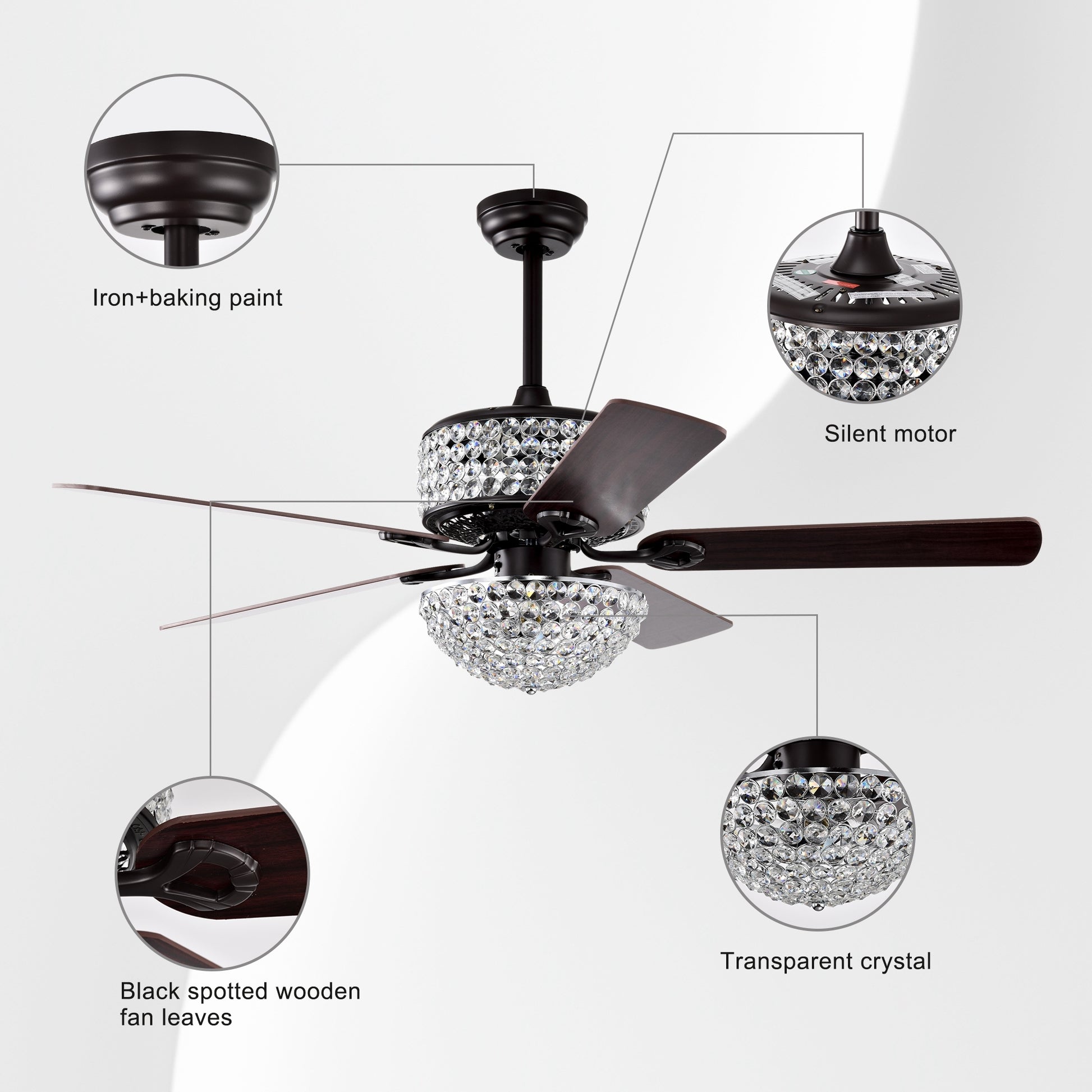 52 Inch Dual Crystal Shade Ceiling Fan With 5 Wood Blades, Two Color Fan Blade, Ac Motor, Remote Control, Reversible Airflow, Multi Speed, Adjustable Height, Traditional Ceiling Fa No Include Bulbs Matt Black American Design,American