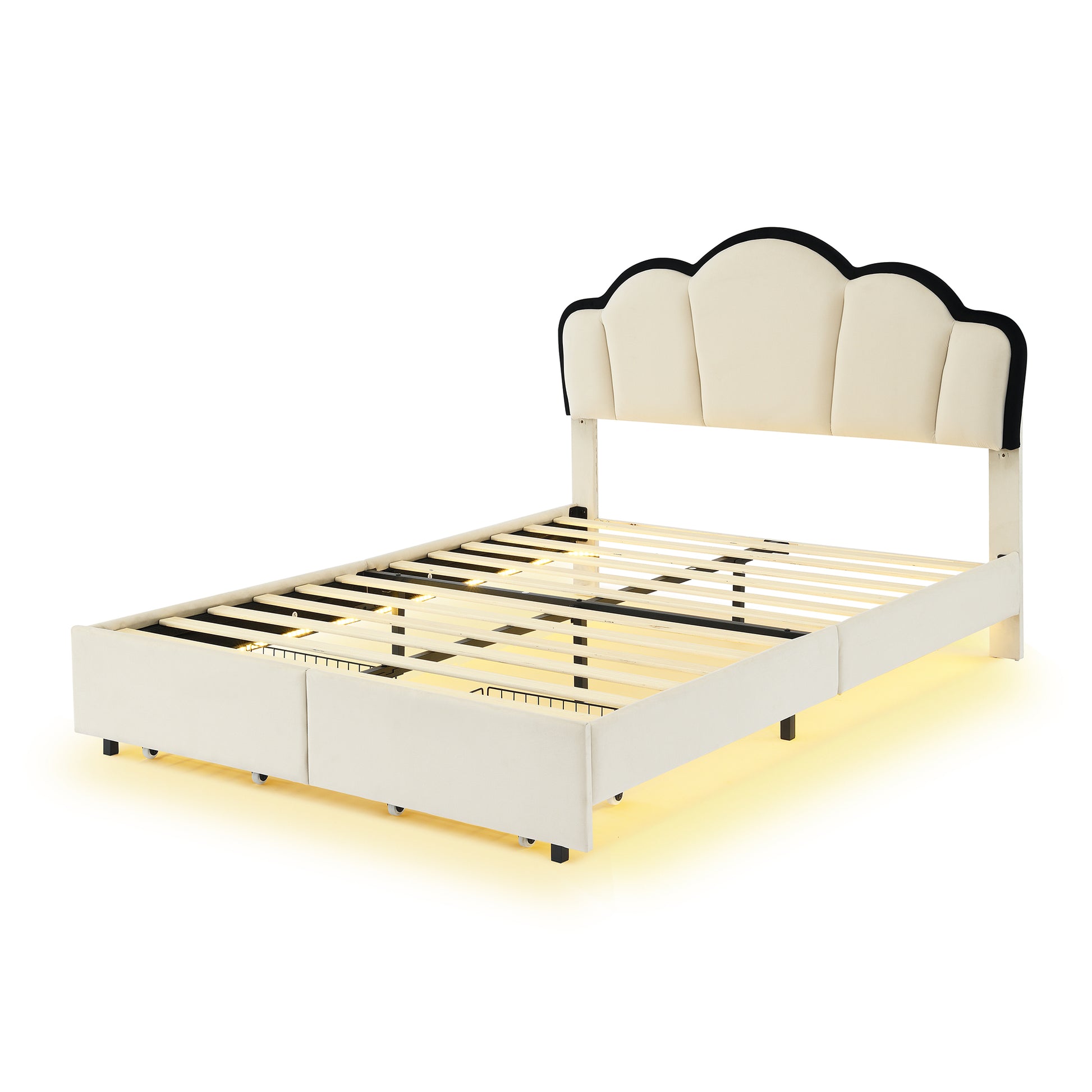 Full Size Upholstered Princess Platform Bed With Led And 2 Storage Drawers, Beige Box Spring Not Required Full Beige Wood Bathroom Bed Frame Velvet Upholstered