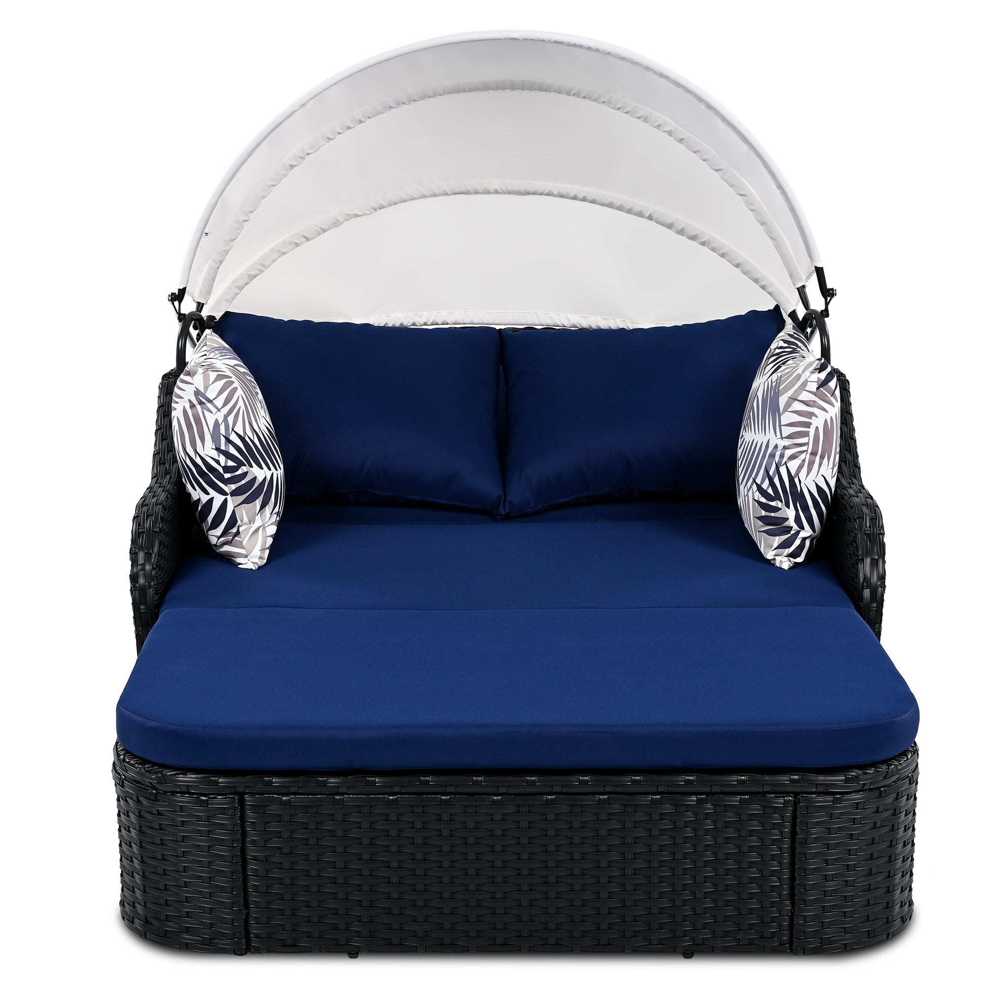 79.9" Outdoor Sunbed With Adjustable Canopy, Double Lounge, Pe Rattan Daybed, Black Wicker And Blue Cushion Yes Black Blue Wicker