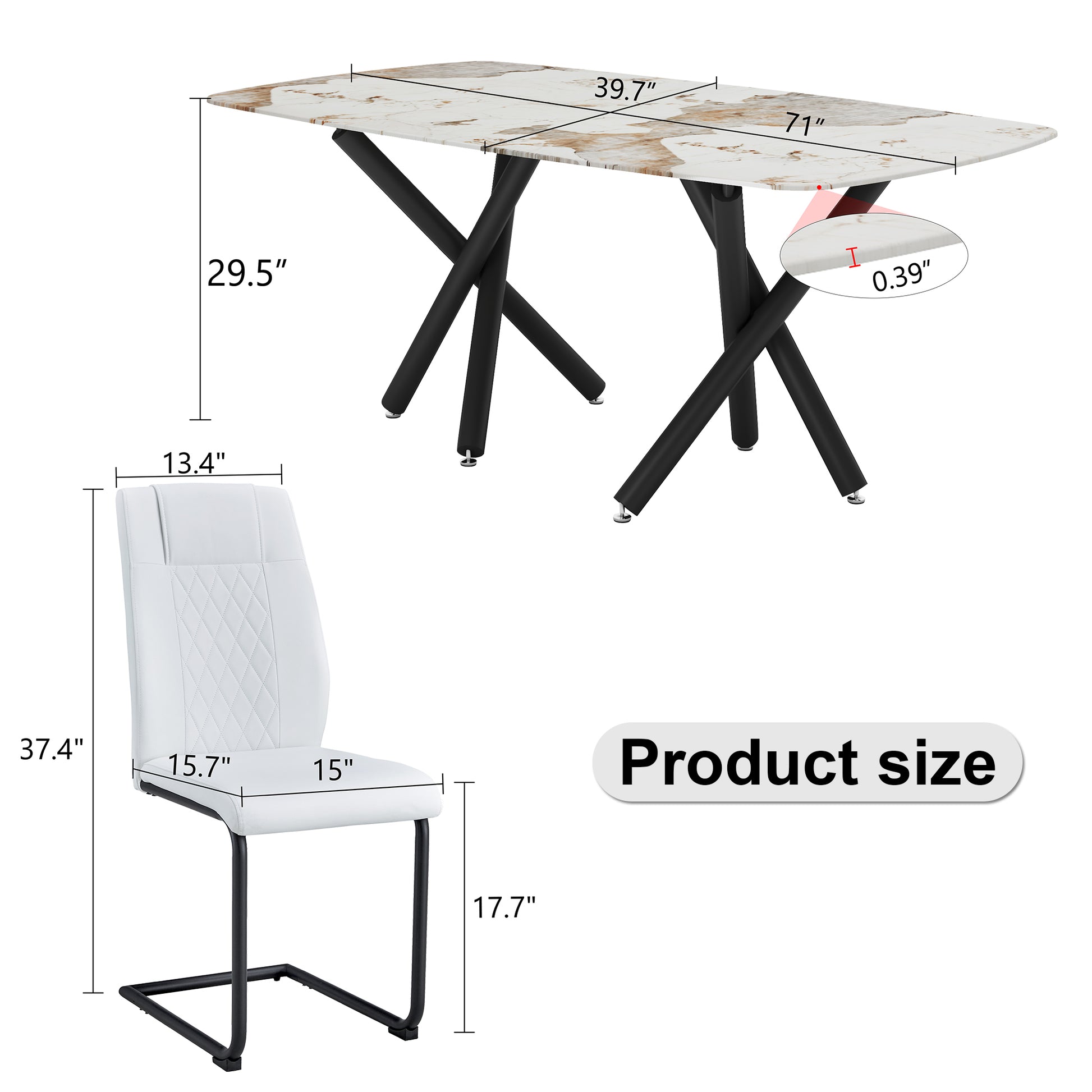 1 Table And 8 Chairs Set.A Rectangular Dining Table With A 0.39 Inch Imitation Marble Tabletop And Black Metal Legs.Paired With 8 Chairs With Pu Leather Seat Cushion And Black Metal Legs.F 1538,C 001 White Black Glass Metal