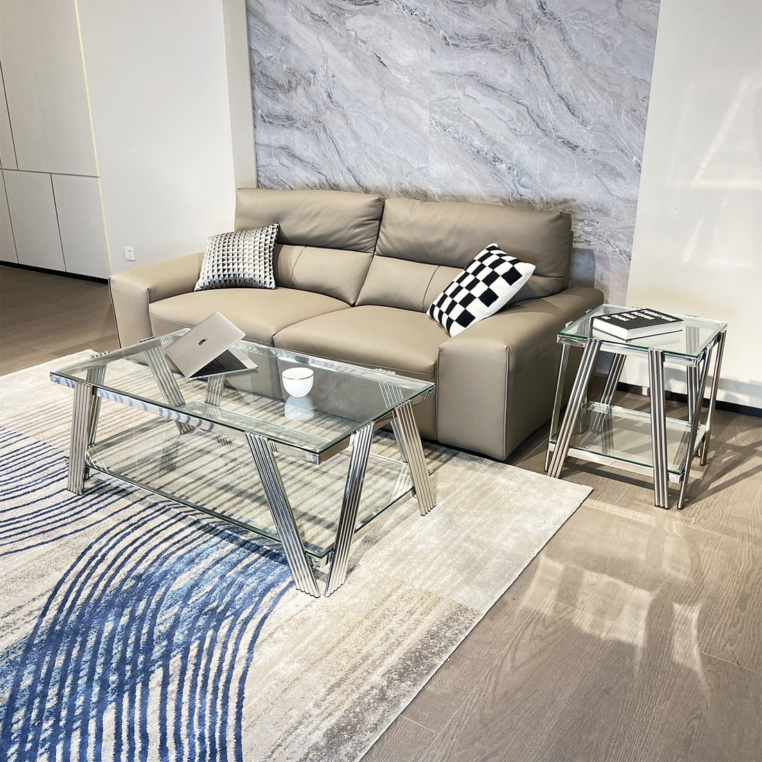 Modern Stainless Steel Coffee Table Set Set Of 2 , Double Layer Clear Tempered Glass Table Top, Coffee Table & End Side Table 2 Pieces Sets For Living Room Home Office, Silver Clear,Silver Modern