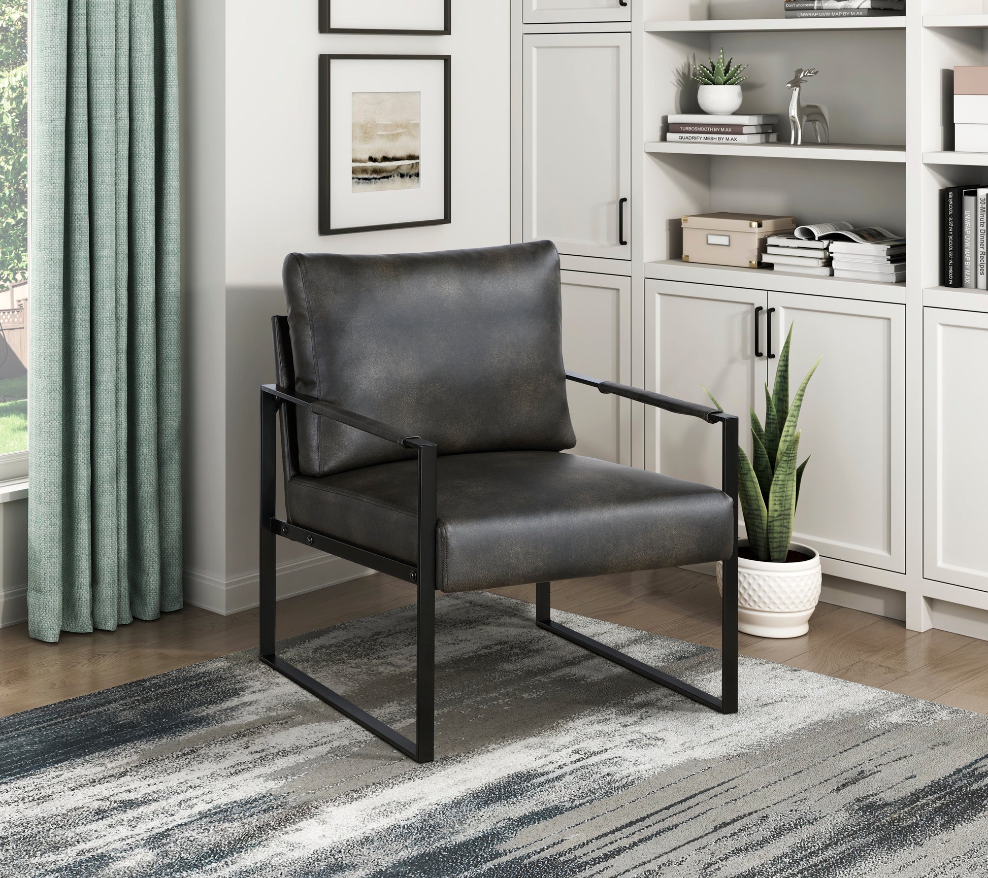Modern Accent Chair Cushioned Seat Dark Gray Faux Leather Upholstery Black Metal Frame 1Pc Style Comfort Durability Elegance Look Dark Gray Primary Living Space Industrial,Mid Century Modern,Modern