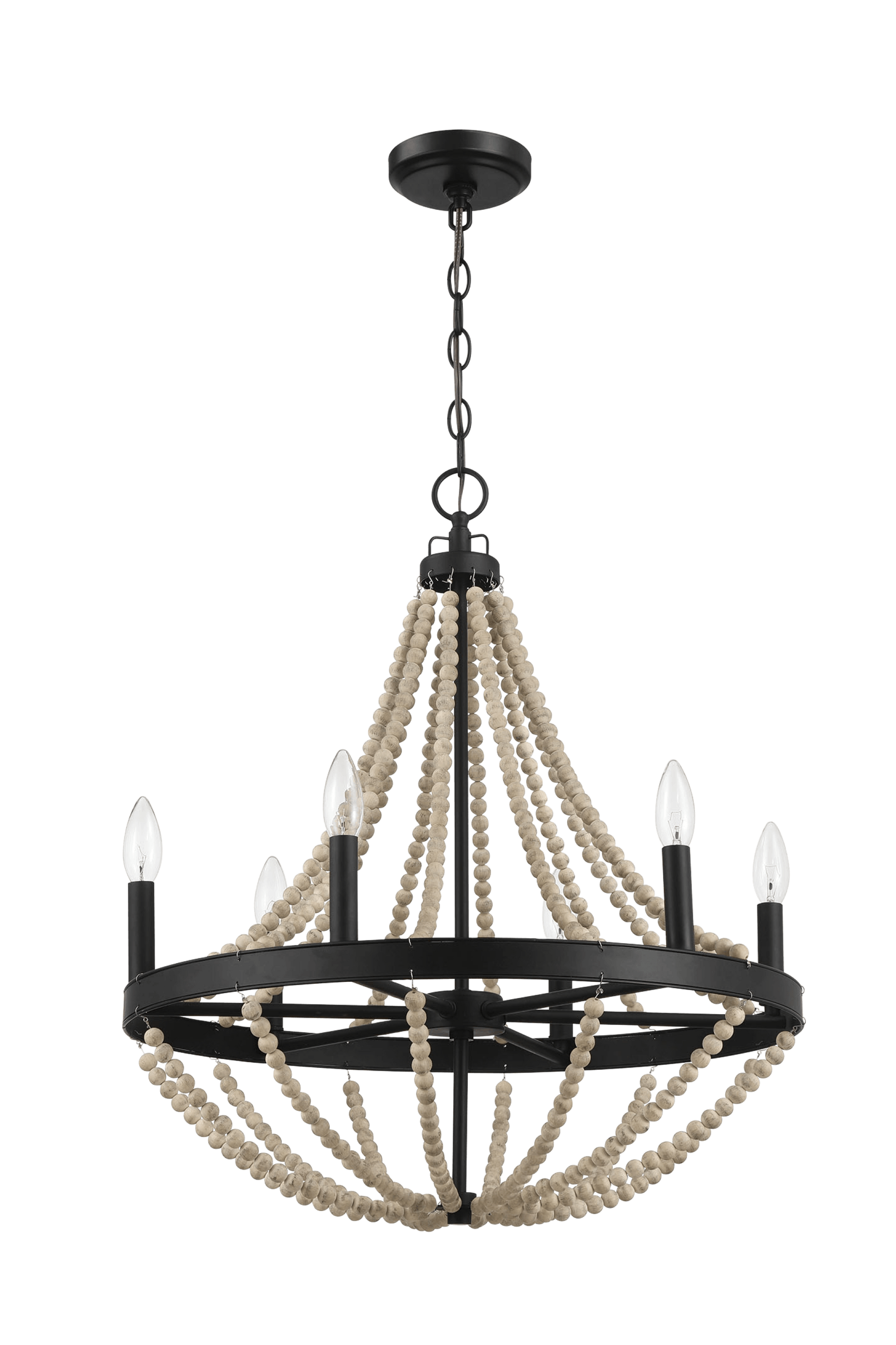 Starry Wood Chandelier Farmhouse Six Candle Light Wood Beaded Black Pendant Light For Dining Room Black,Wood Ceiling Lights Glass,Metal,Wood