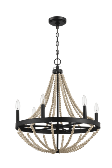 Starry Wood Chandelier Farmhouse Six Candle Light Wood Beaded Black Pendant Light For Dining Room Black,Wood Ceiling Lights Glass,Metal,Wood