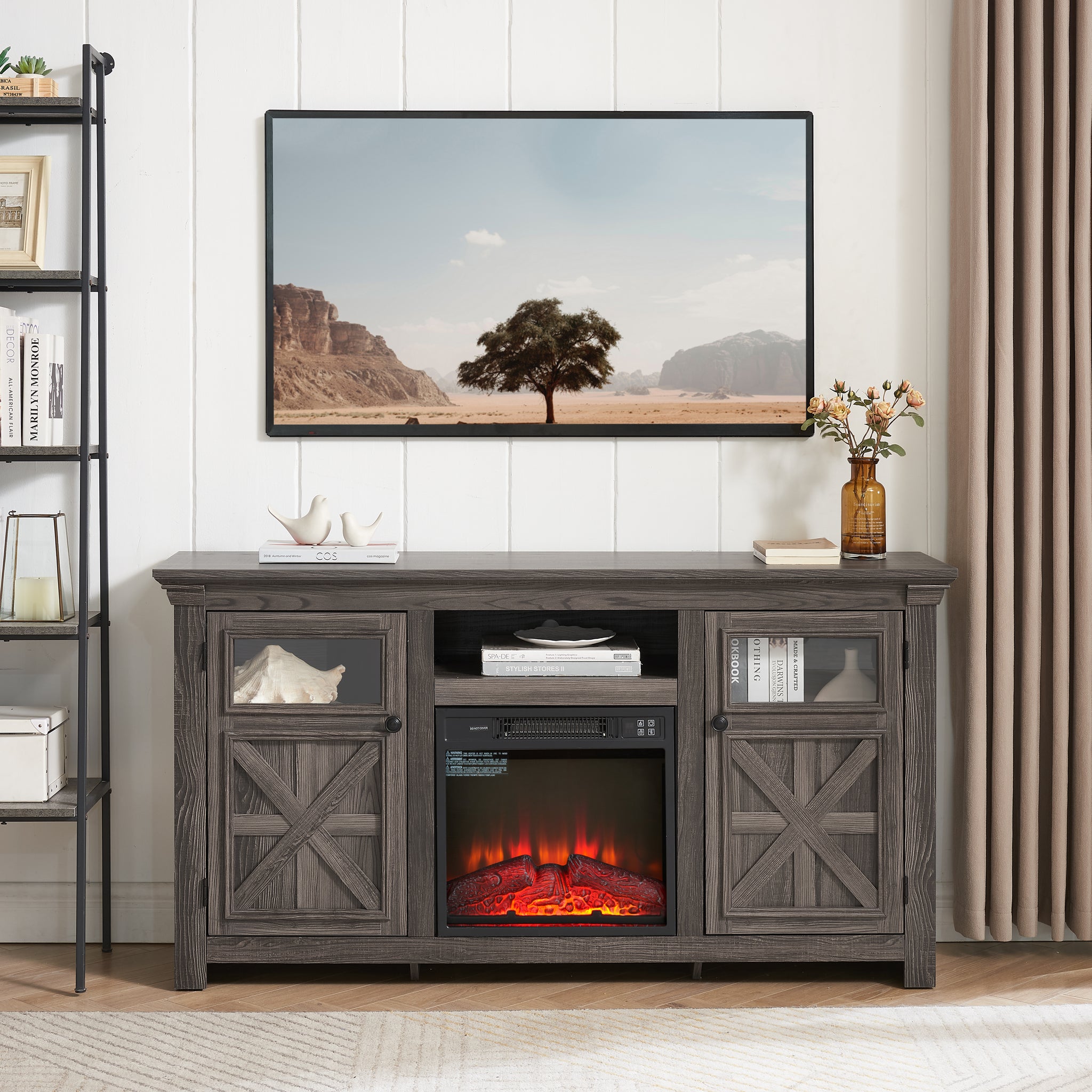 2 Doors Cabinet Farmhouse Cabinet, Farmhouse Tv Stand Barn Design,Farmhouse Tv Media Stand, Large Barn Inspired Home Entertainment Console With 18" Fireplace Insert,Grey, 60.23"W*15.35"D*31.7"H Grey