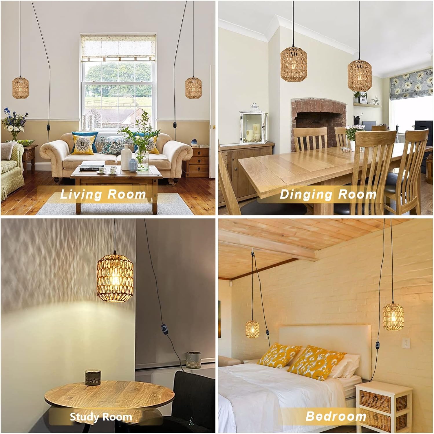 Plug In Pendant Light With Led Bulb, Rattan Hanging Lamp With 16Ft Dimmable Cord, Hand Woven Wicker Plug In Chandelier, Boho Hanging Lights Fixture With Plug In Cord For Bedroom Hallway Foyer Brown Rattan Metal