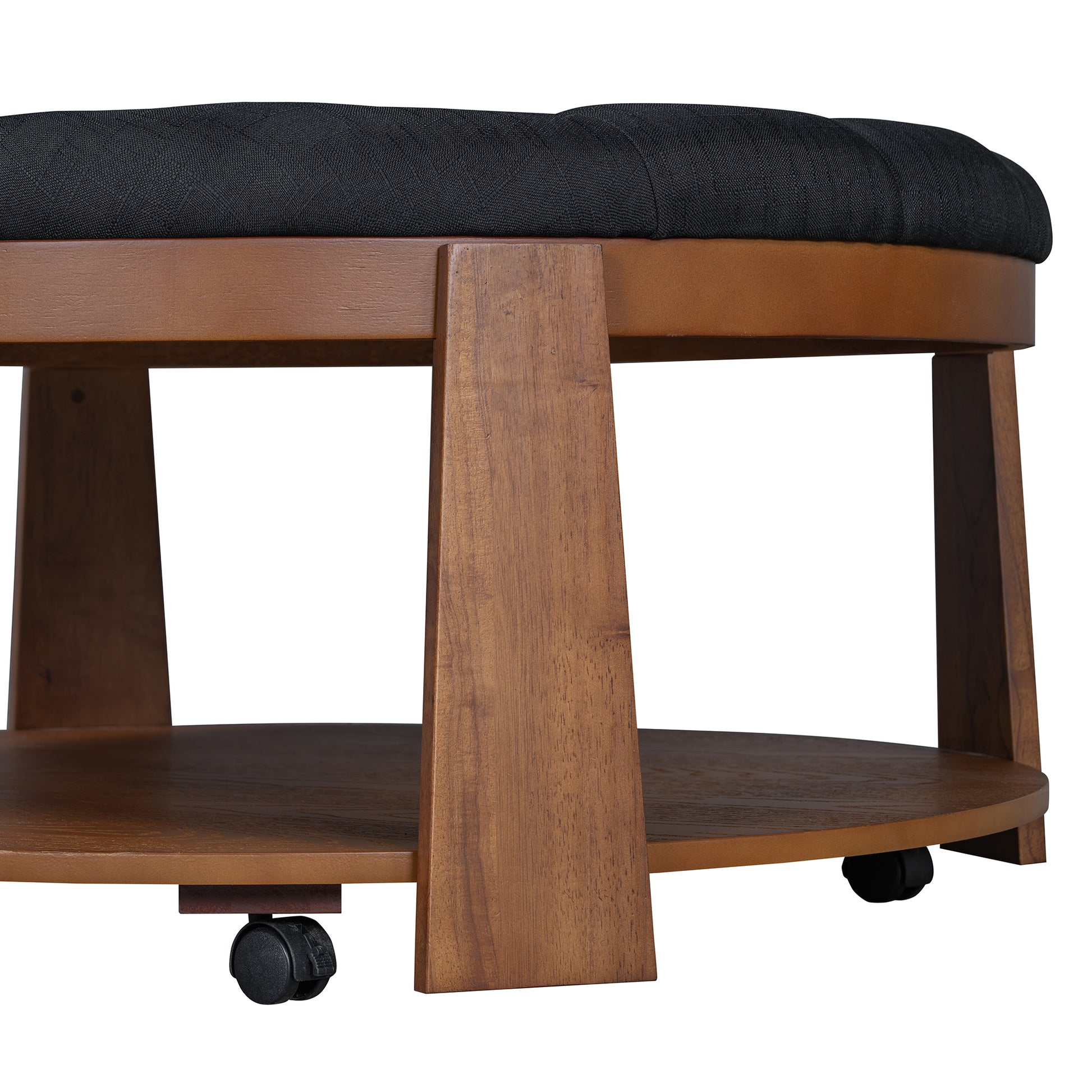 Modern Large Round Ottoman Coffee Table 2 Tier Oversized Button Tufted Ottoman With Wood Shelf Storage Upholstered Coffee Table For Living Room Footrest Ottoman With Wheel, Waterproof Linen Black Brown Rubber Wood