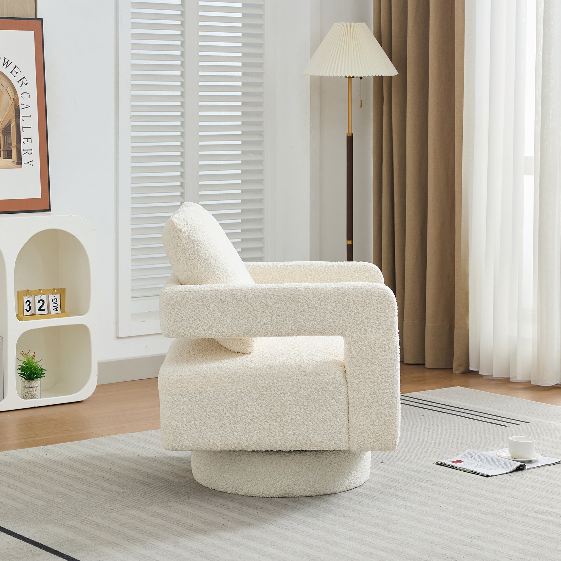 29.13" W Square Swivel Accent Chair, Modern Rotating Arm Chair With Open Back,360 Degree Rotation, Lounge Club Chair With Removable Back Cushion For Living Room, Hotel, Bed Room,Beige Beige Boucle