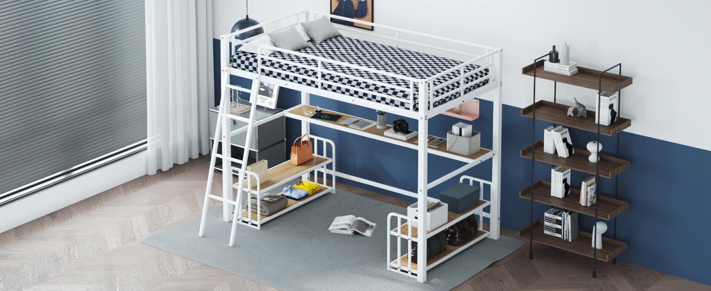 Twin Size Metal Loft Bed With Desk, Storage Shelves And Charging Station, White Box Spring Not Required Twin White Metal Mdf Metal