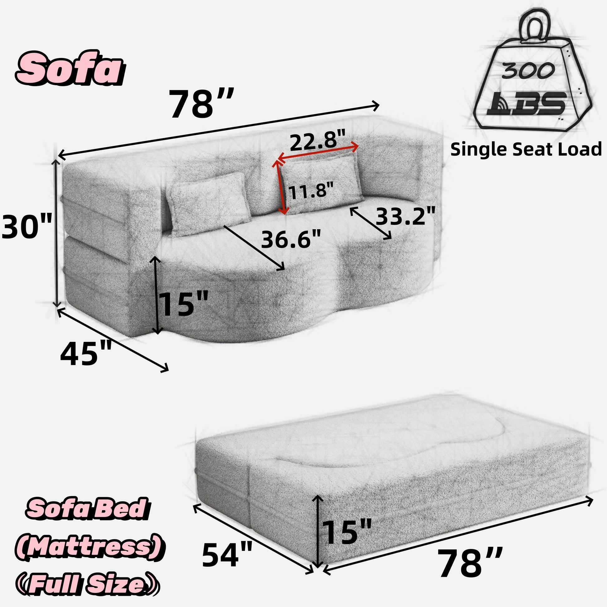 Modern Floor Sofa With 2 Pillows,Convertible Teddy Fabric Foam Filled Sleeper Sofa Bed,15" Full Size Folding Mattress For Living Room, Guest Bed, Playroom,No Assembly Required,White White Foam Spring 2 Seat