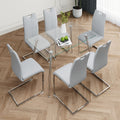 Modern Simple Rectangular Glass Dining Table, Solid Tempered Glass Tabletop, Electroplated Table Legs, Gray Pu Dining Chair Set, Suitable For Restaurant Kitchen Use Set Of 7 Upholstered Chair Glass Gray Pu Seats 6 Metal Rectangular Dining Table With