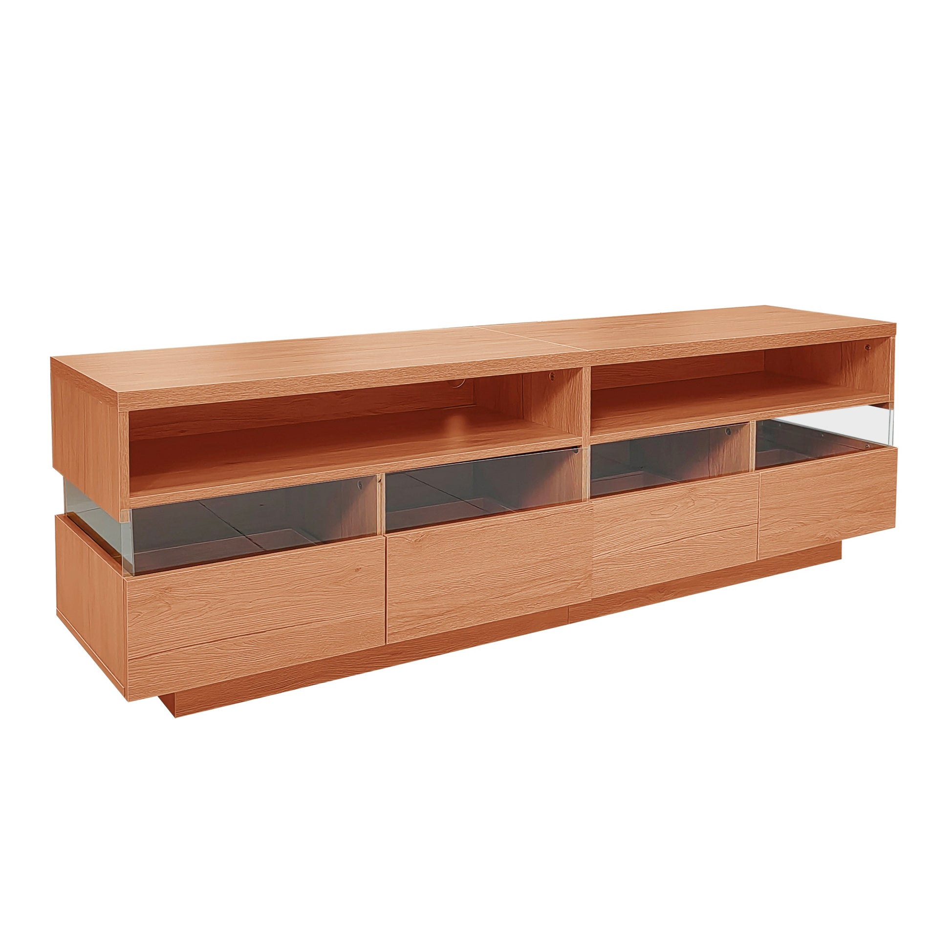 Modern Tv With 4 Drawers& 2 Open Cabinets, Media Console Table For Tvs Up To 75'', Entertainment Center With Acrylic Transparent Storage Space For Living Room, Bedroom, Home Theatre Wood Red Primary Living Space 70 Inches 60 69 Inches 70 Inches Particle