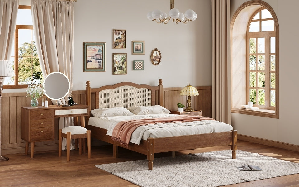 3 Pieces Bedroom Set With Full Size Wooden Bed Frame, 1 Vintage Nightstand And 1 Makeup Vanity Set With Stool,Walnut Expected Arrival Time: 08.23 Full Walnut 3 Piece Set Wood