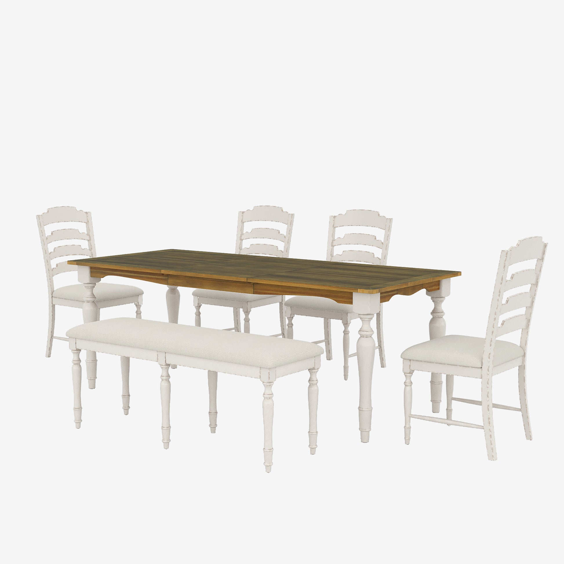 Vintage Traditional 6 Piece 82.7Inch Extendable Dining Table Set With 23.6Inch Removable Leaf, 50.4Inch Upholstered Dining Bench And 4 Chairs For 6, Brown Cream Wood Dining Room Distressed Finish Rubberwood Rectangular Dining Table With Bench Wood Wood