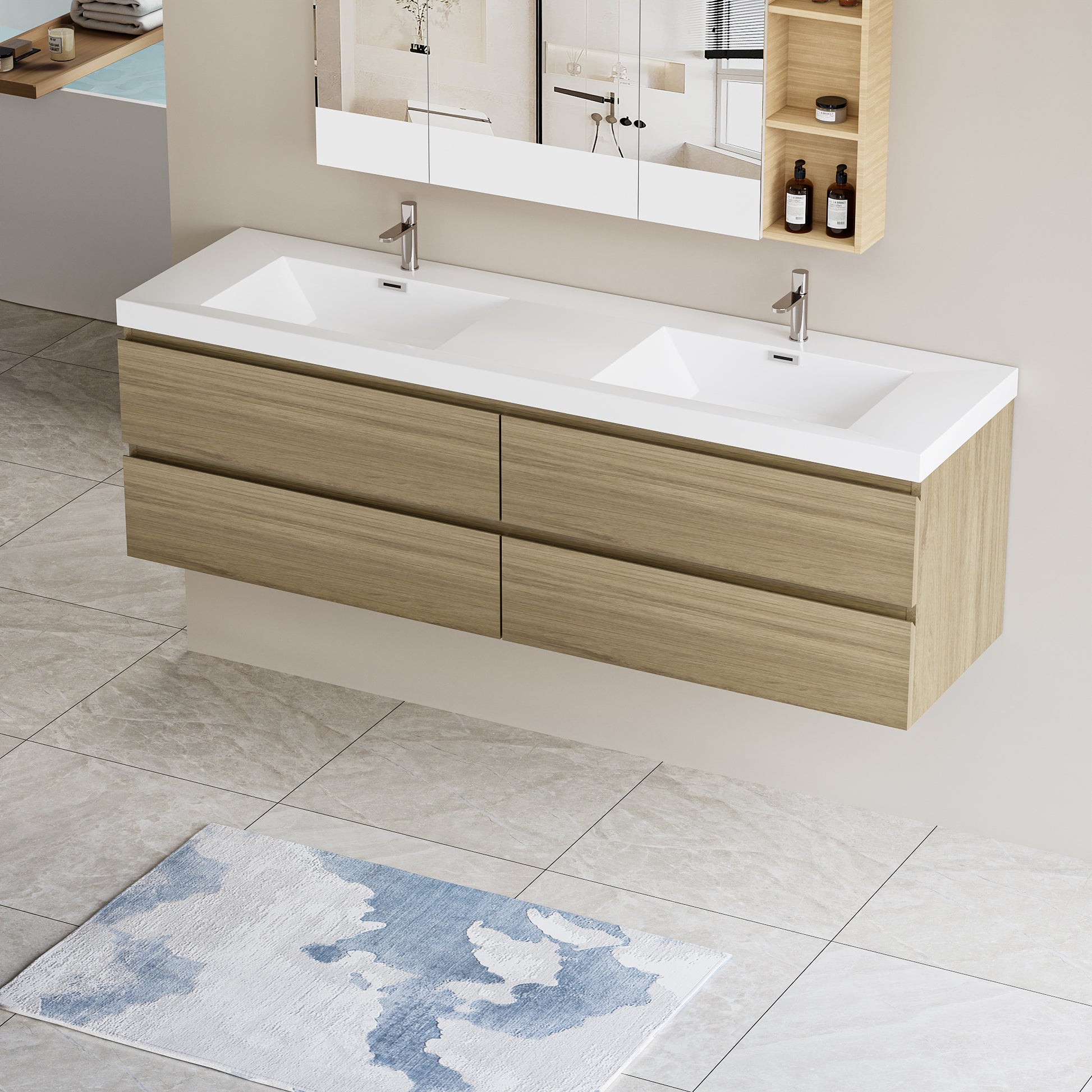 72" Floating Bathroom Vanity With Sink, Modern Wall Mounted Bathroom Storage Vanity Cabinet With Two Resin Top Basin And Four Soft Close Drawers, Natural Oak 24V11 72No 4 Oak Wall Mounted Wood